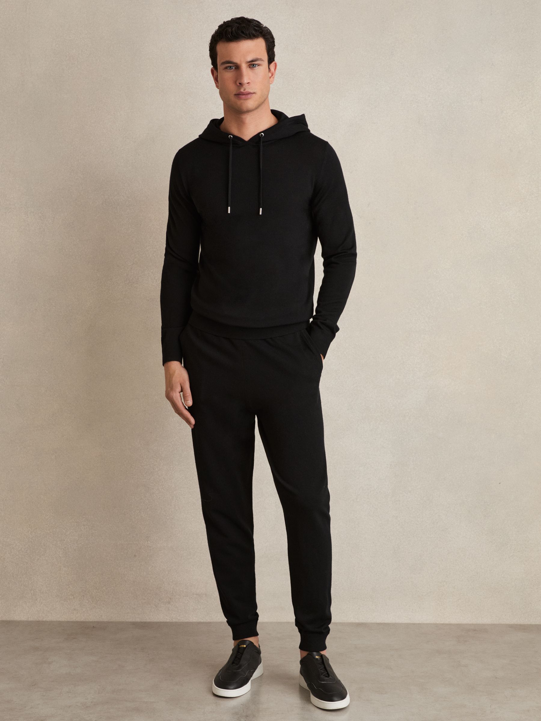 Merino Wool Drawstring Hoodie in Black
