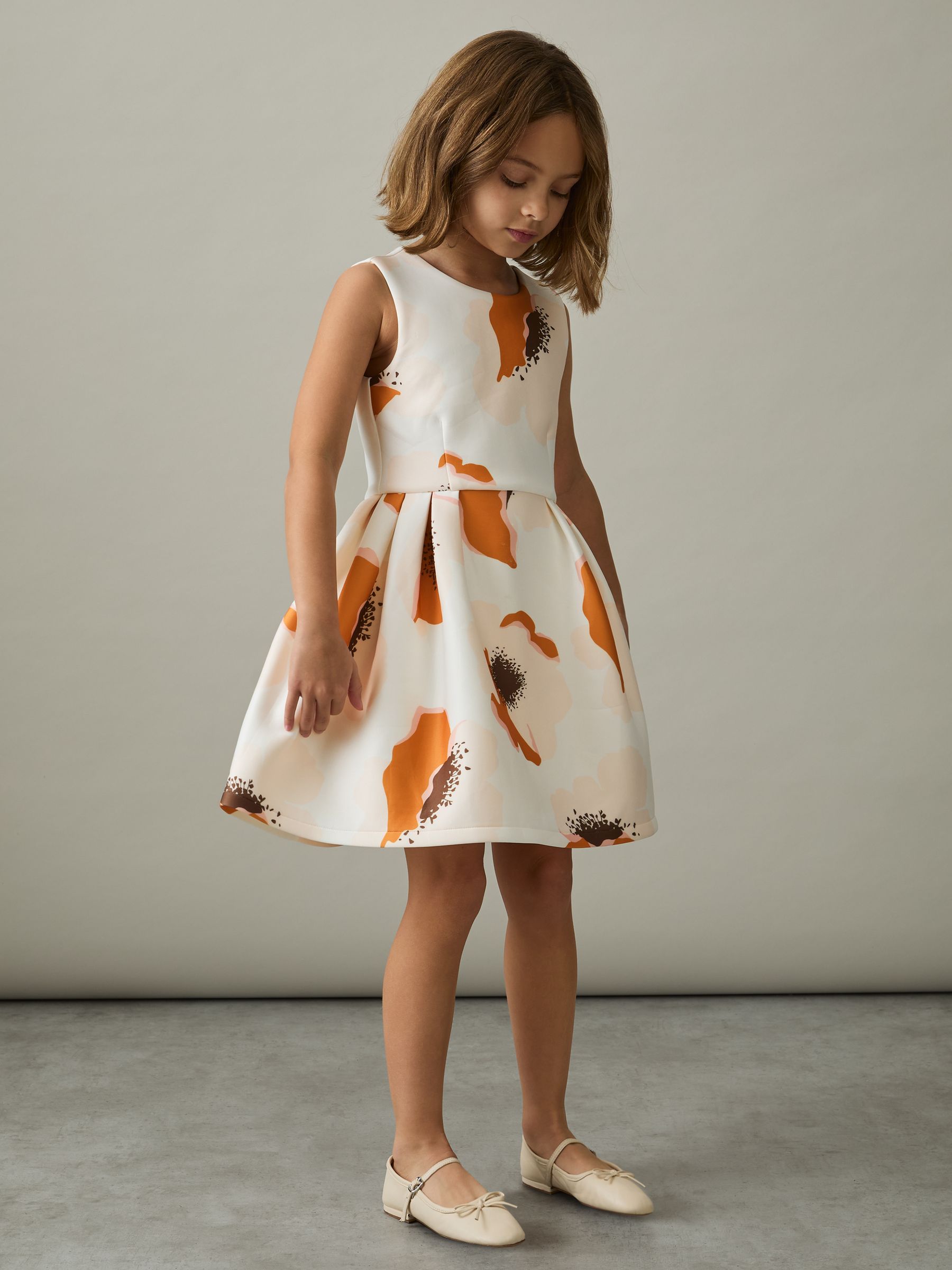 4-9 yrs Floral Scuba Sleeveless Dress in Ivory Print