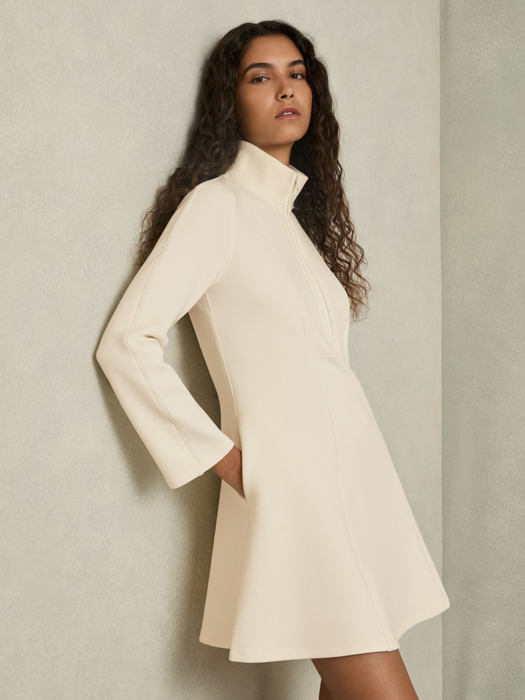 ZIp-Neck Interlock-Jersey Dress in Cream