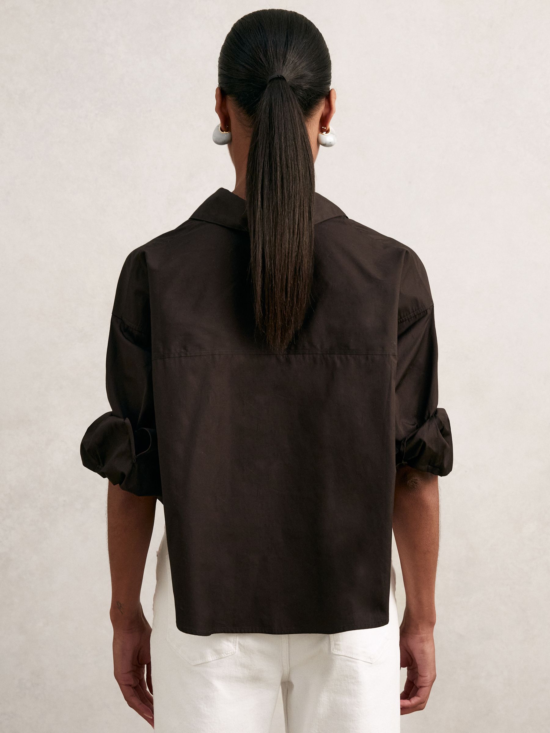 Oversize Cotton Cropped Shirt in Chocolate Brown