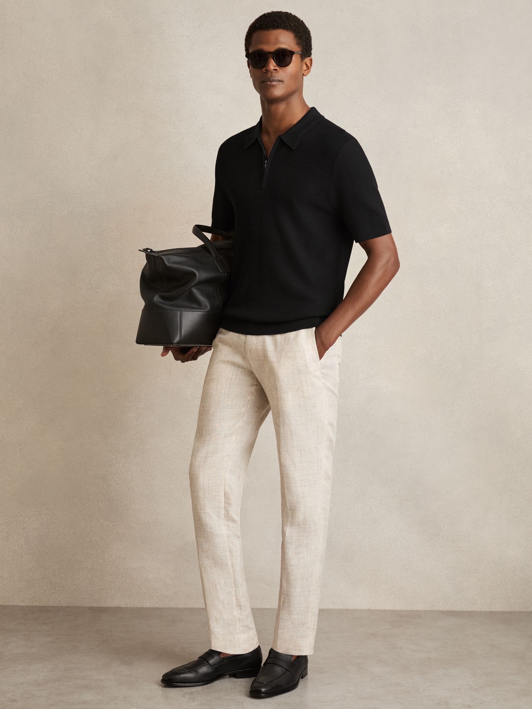 Textured Half-Zip Polo Shirt in Black