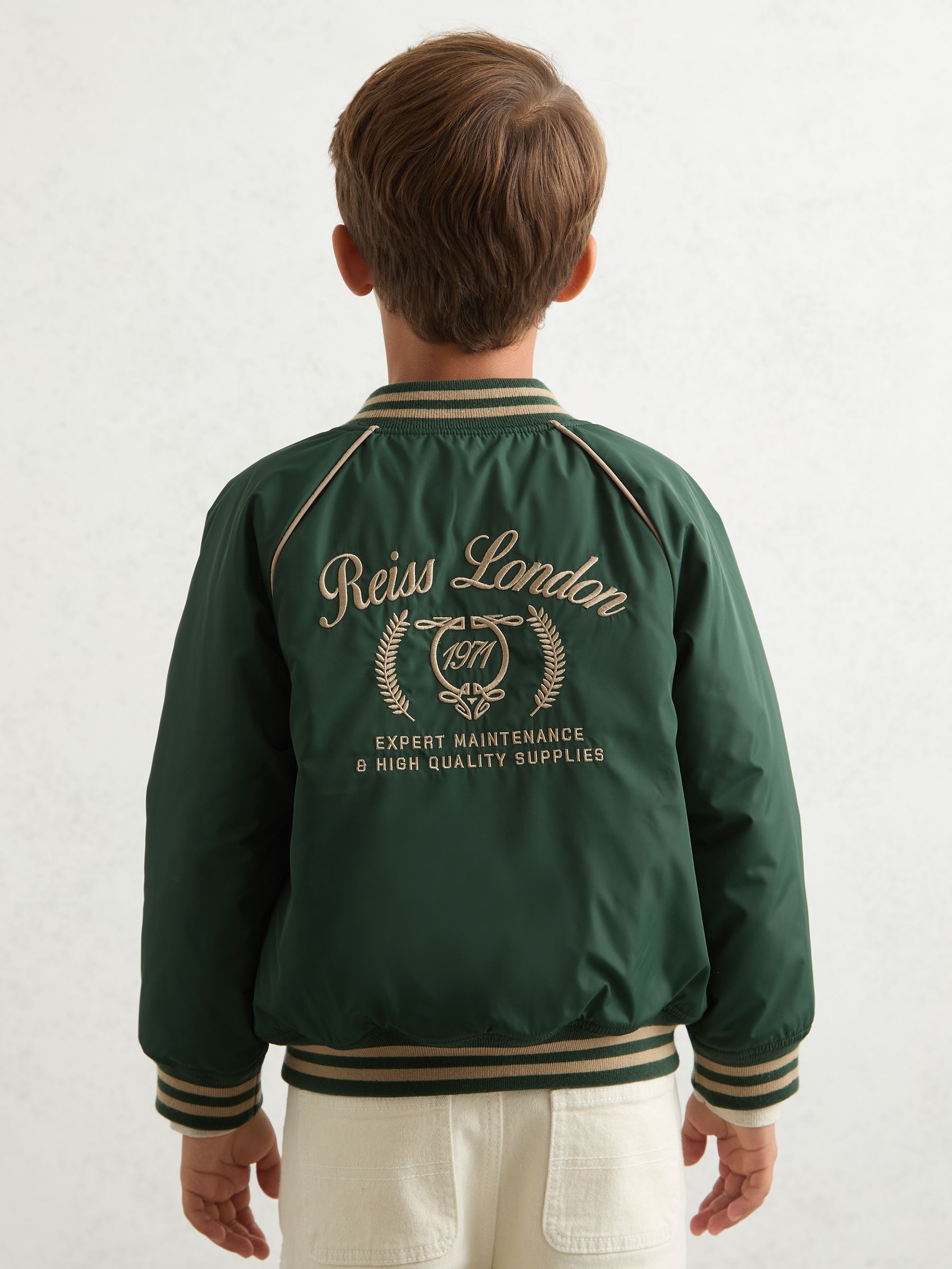 9-13 yrs Motor Cars Embroidered Bomber Jacket in Forest Green/Off White