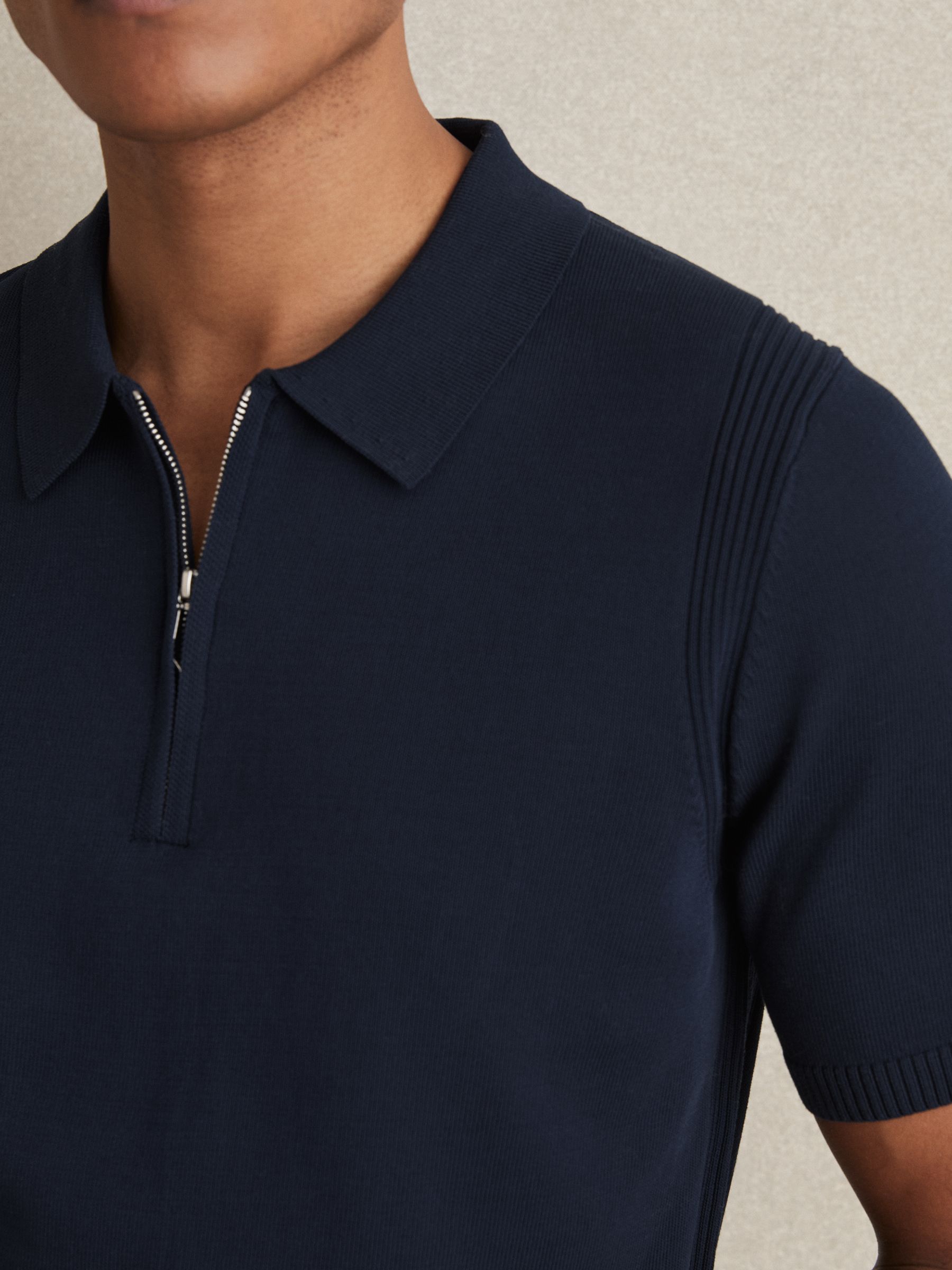 Cotton Half-Zip Knitted Polo Shirt in Navy