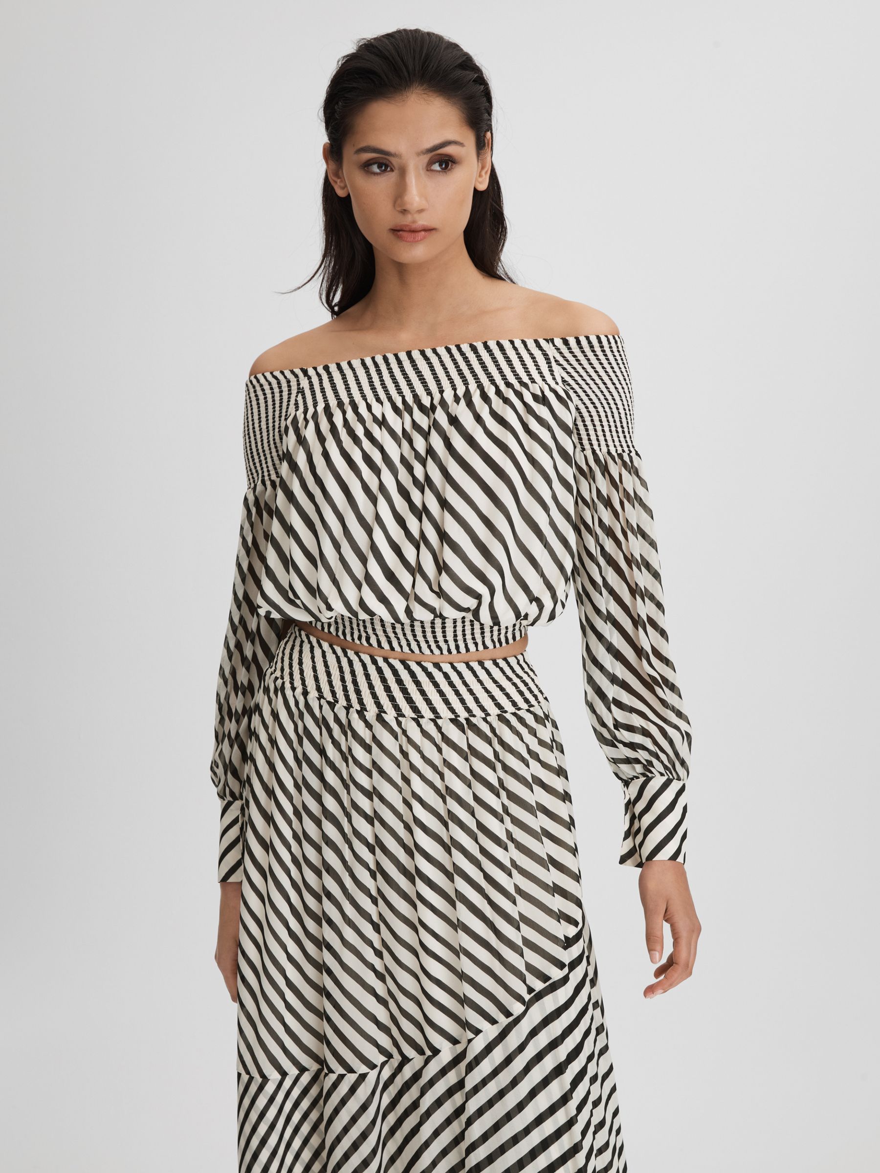 Striped Bardot Cropped Top in Black/Cream