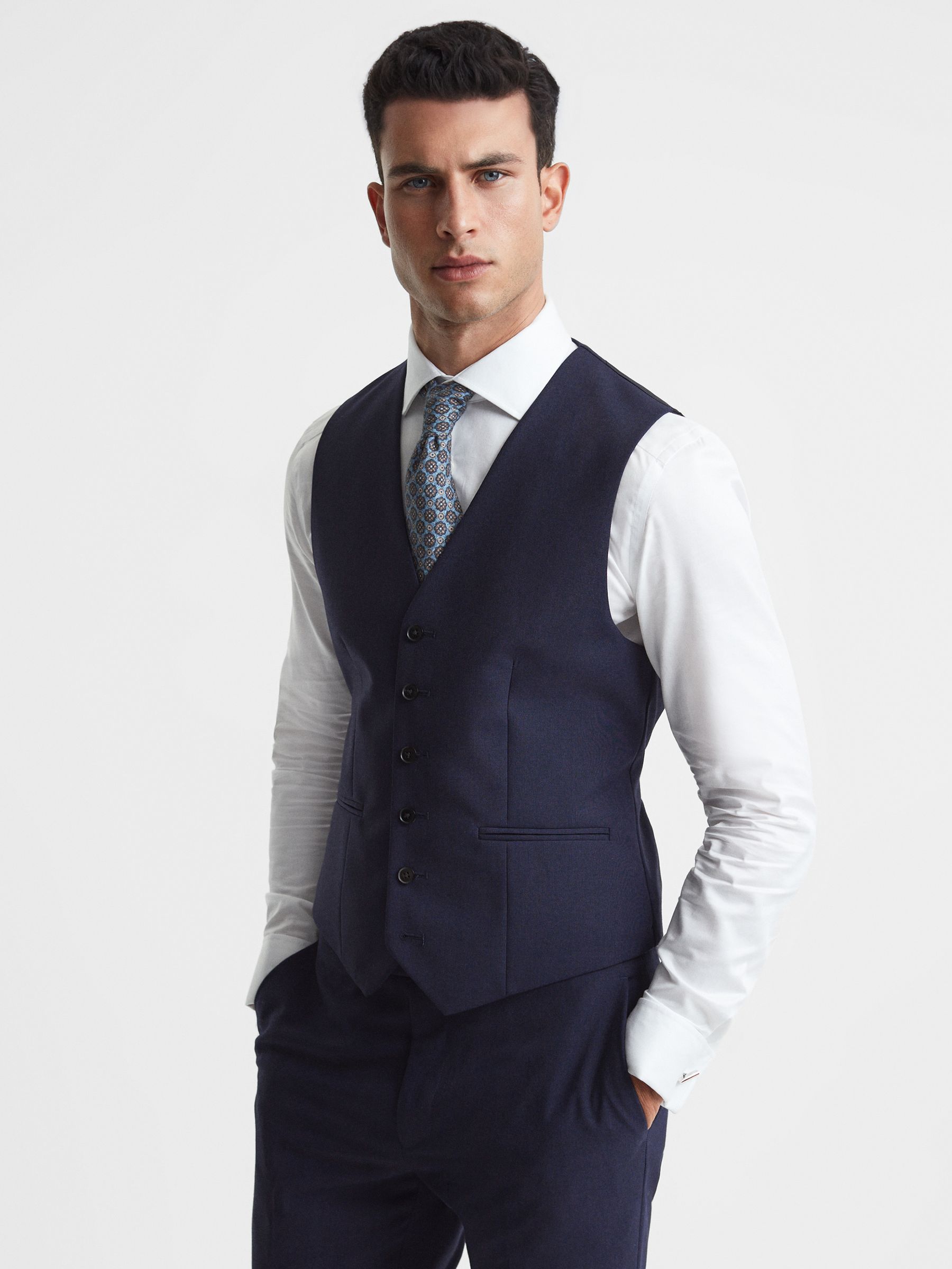 Classic Slim Fit Wool Horseshoe Waistcoat in Navy