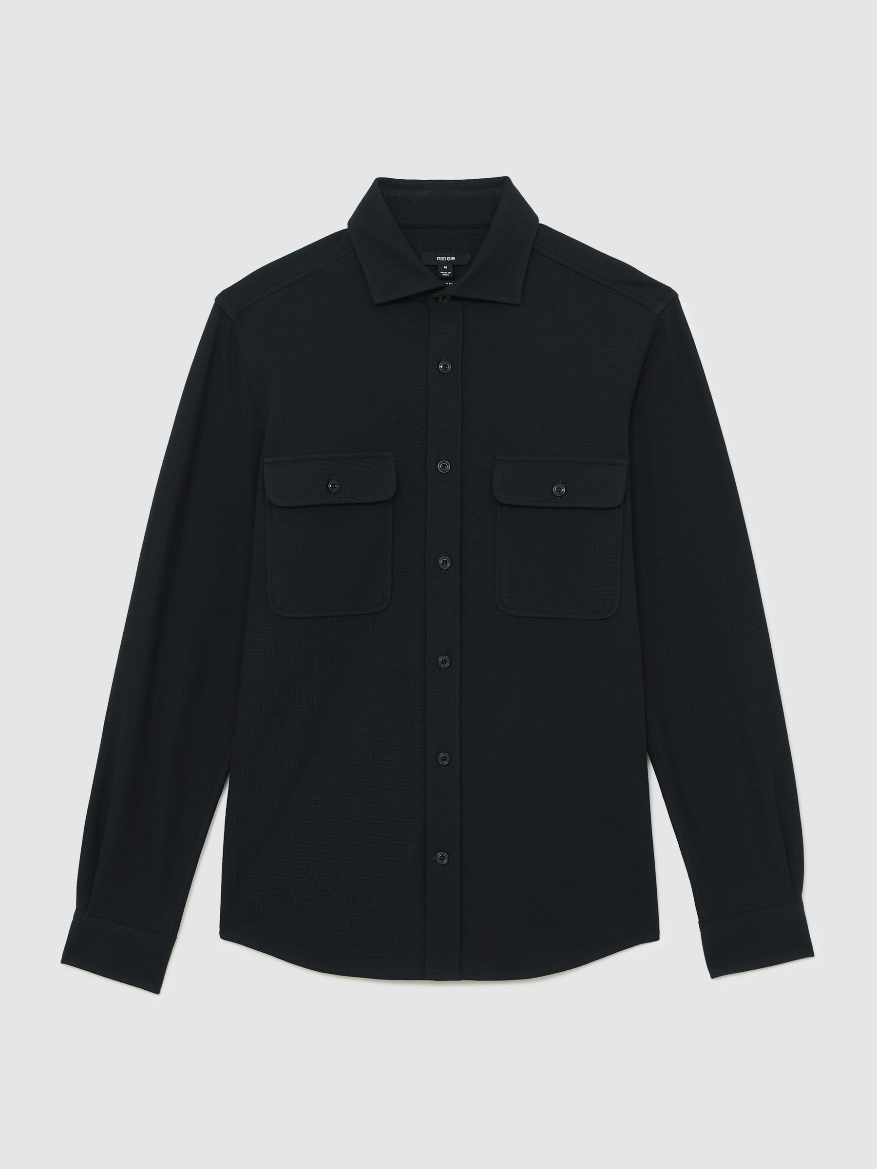 Textured Twin Pocket Cotton Blend Overshirt in Navy