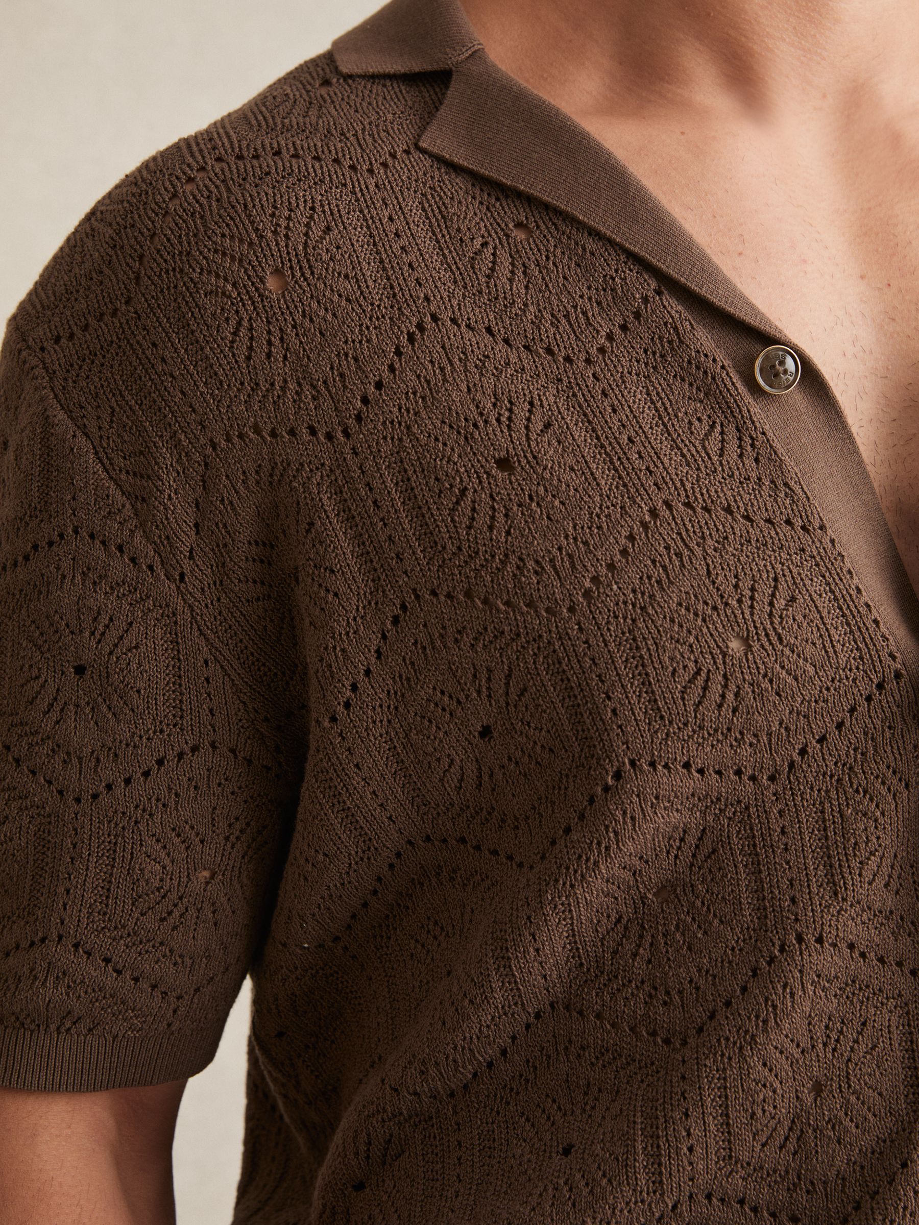 Pointelle Button-Through Shirt in Brown