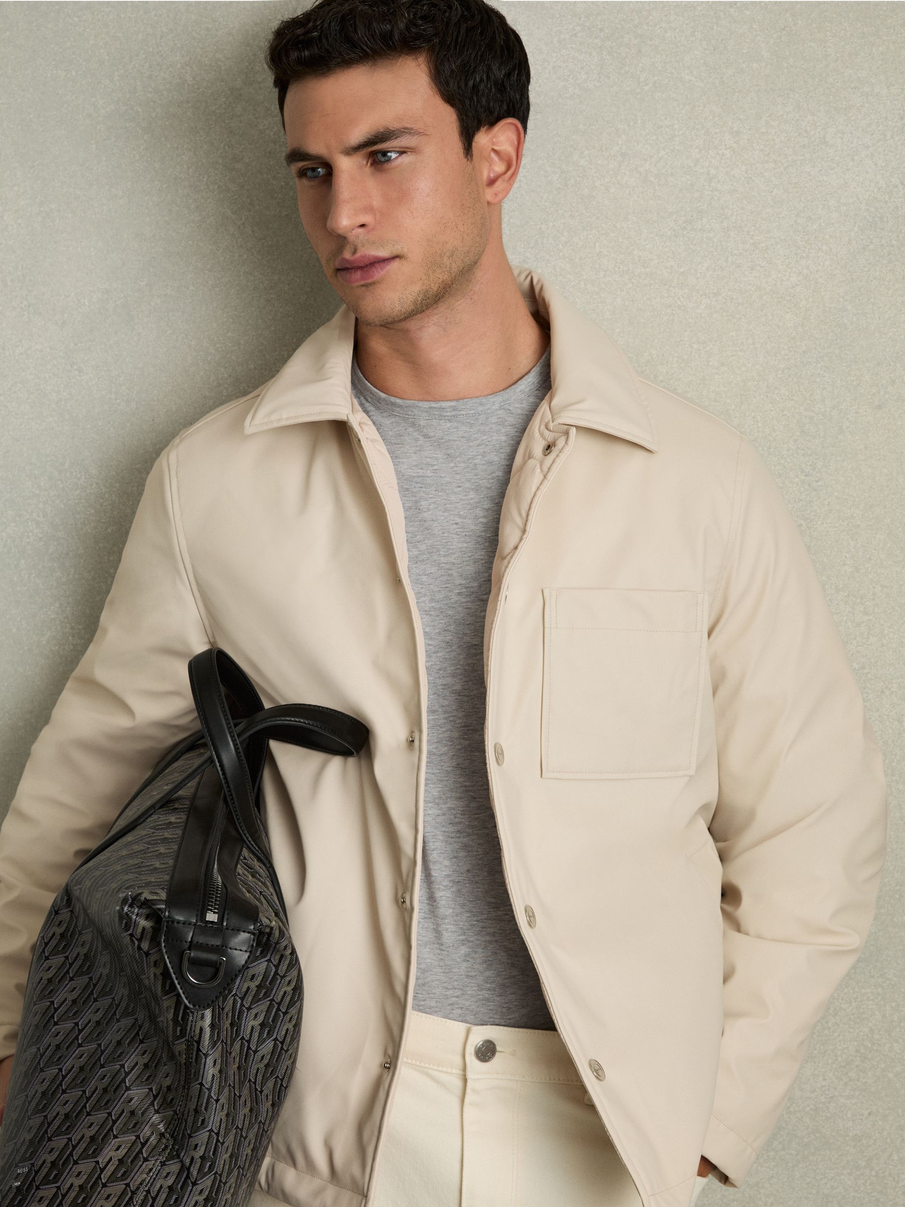 Padded Technical Press-Stud Overshirt in Stone