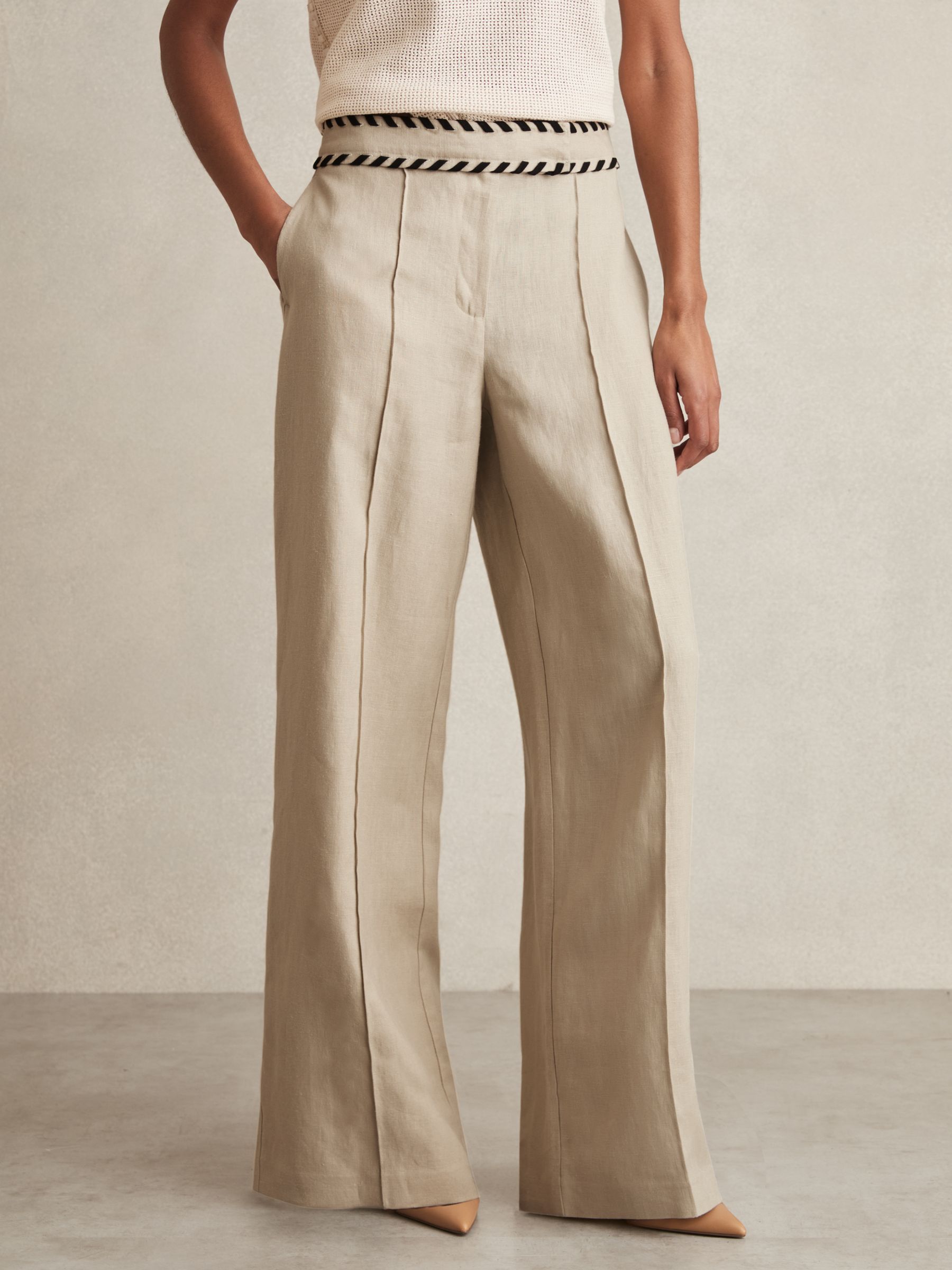 Linen Wide-Leg Whipstitch Trousers in Neutral