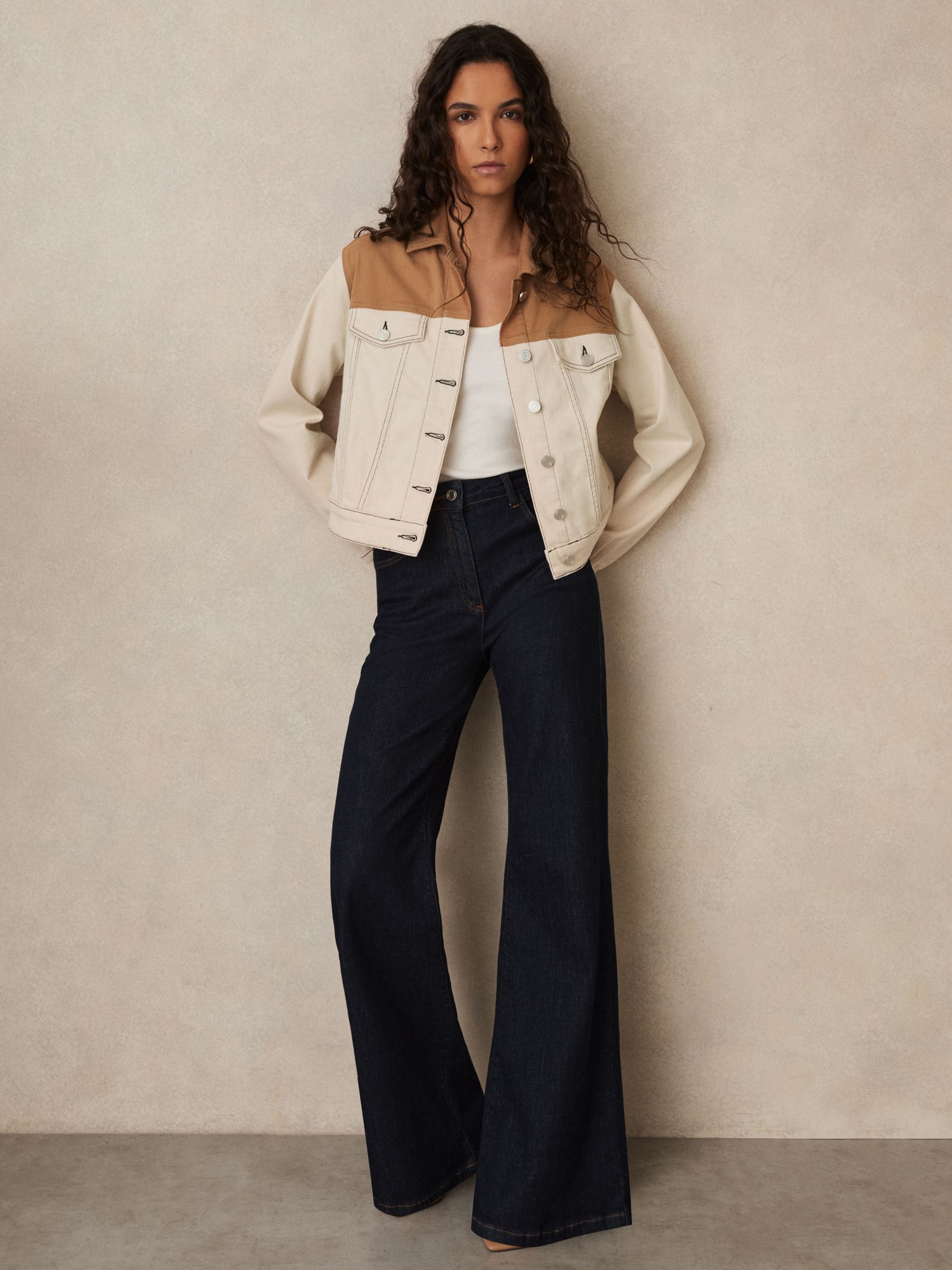 Colour-Block Denim Jacket in Ecru