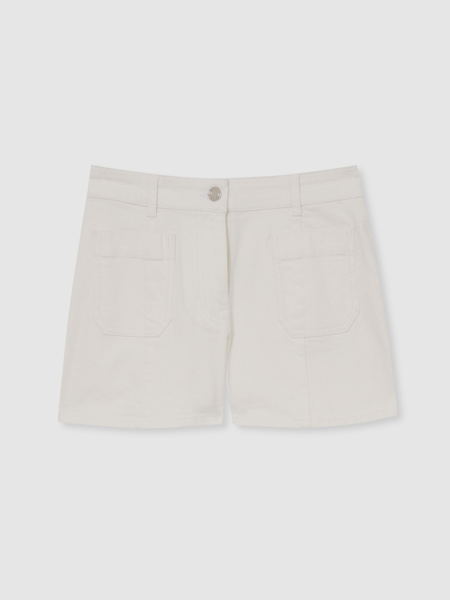 Mid-Rise Patch Pocket Denim Shorts in White