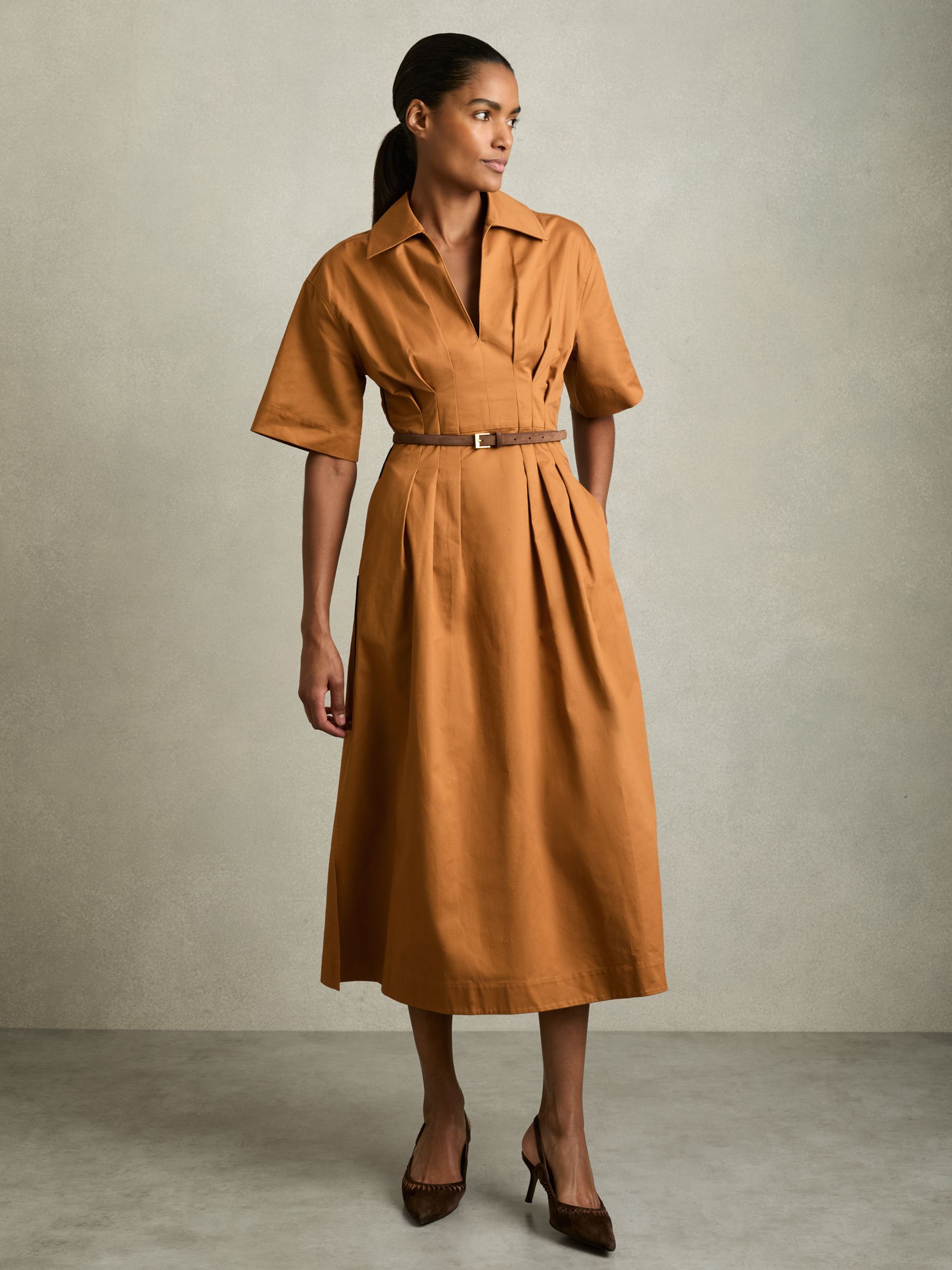 Cotton Pleated-Waist Midi Dress in Rust