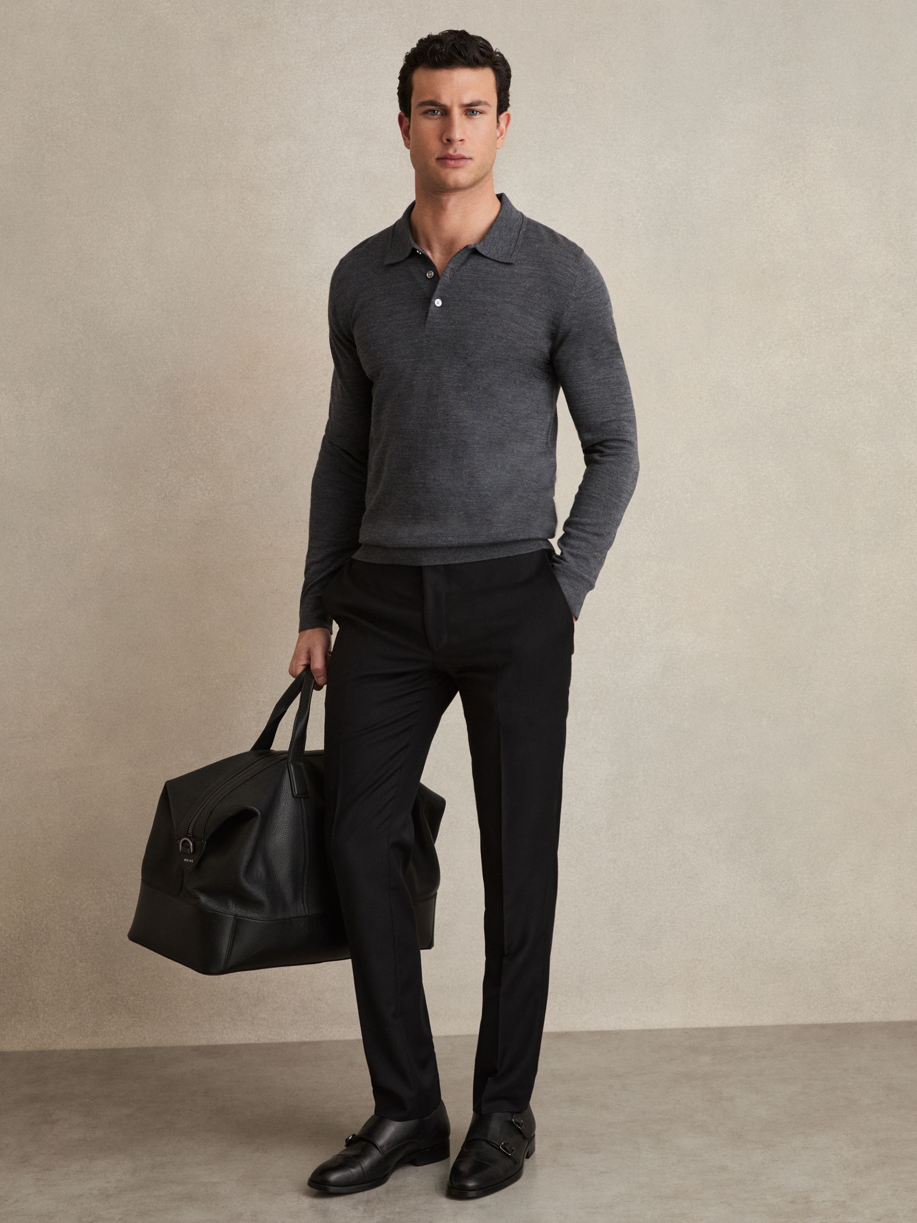 Merino Wool Long-Sleeve Polo Shirt in Derby Grey Marl