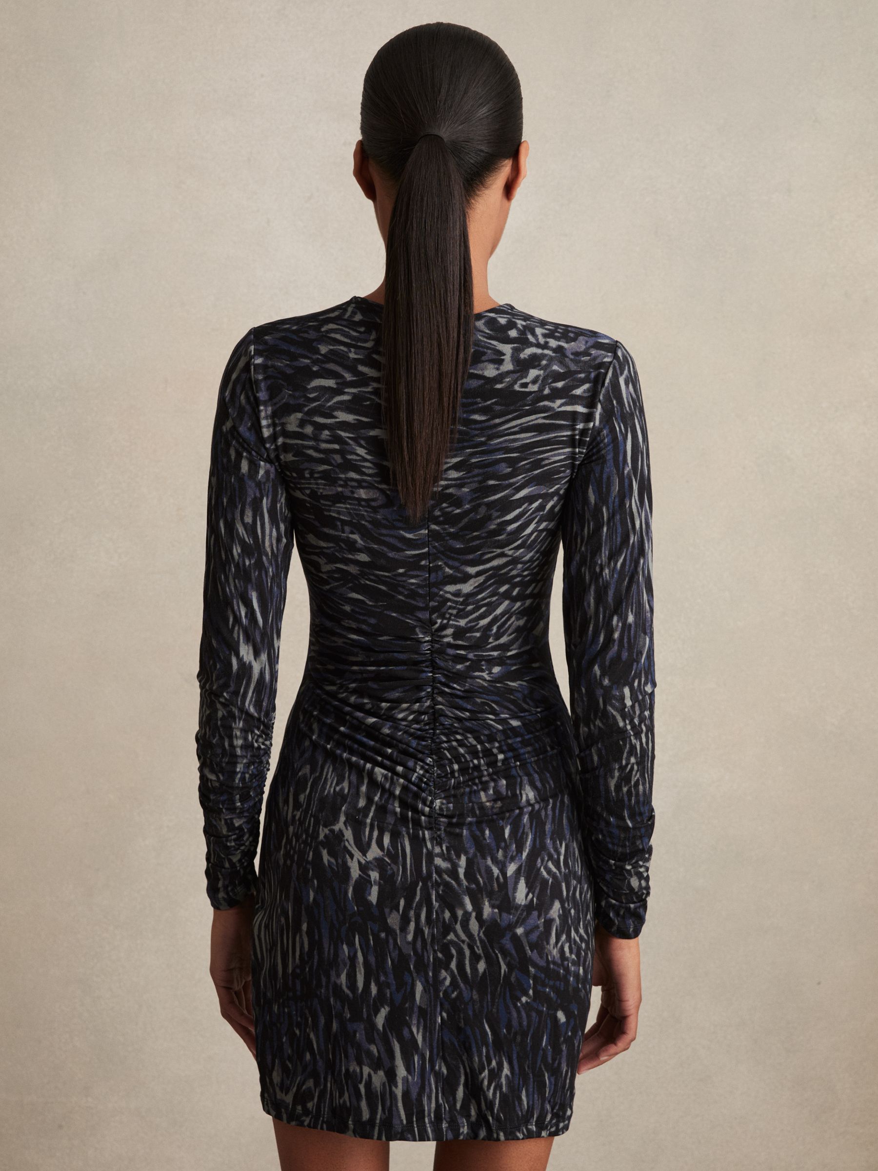 Printed Jersey Ruched Mini Dress in Charcoal