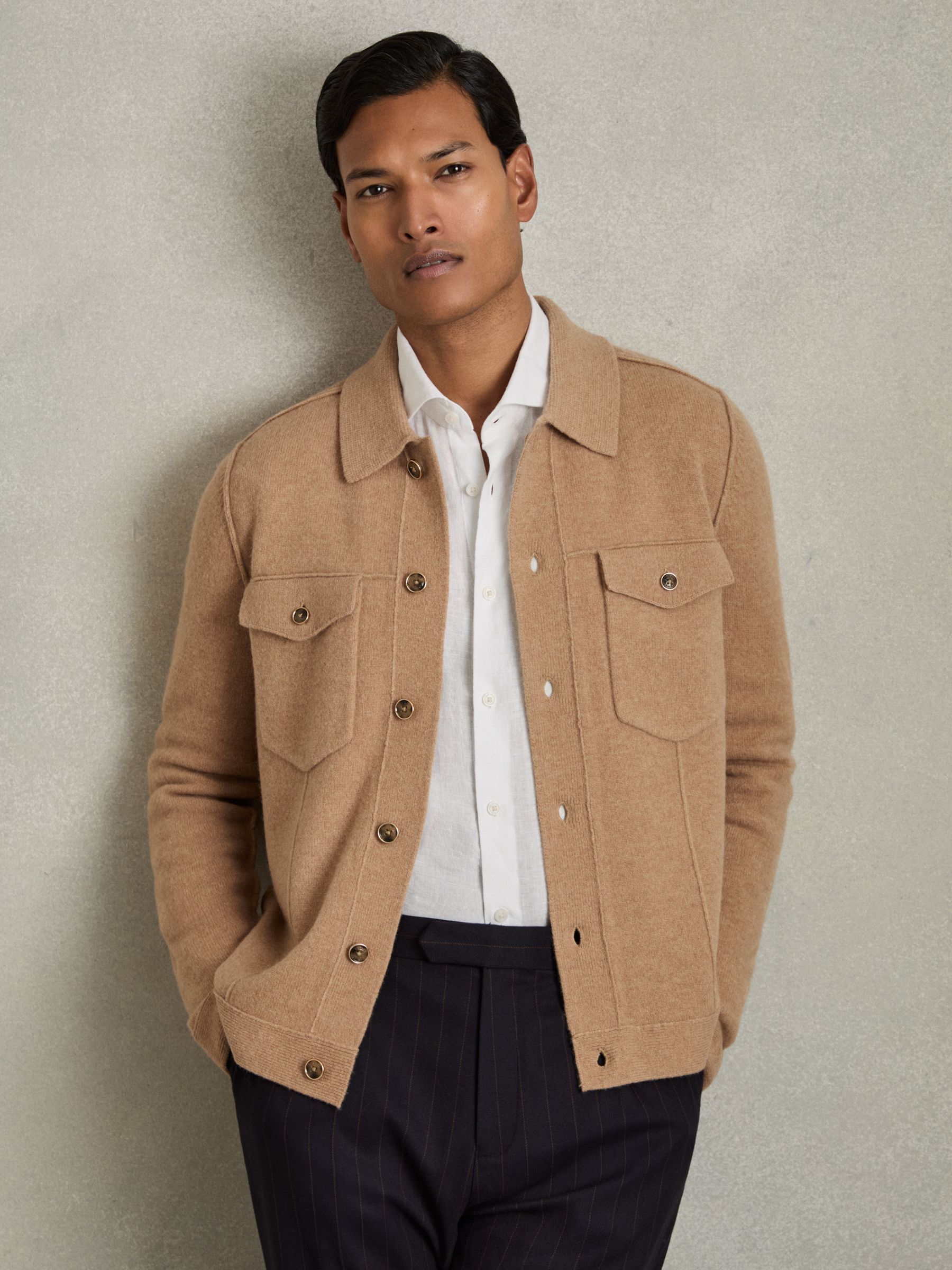 Wool Button Through Knitted Jacket in Camel Melange