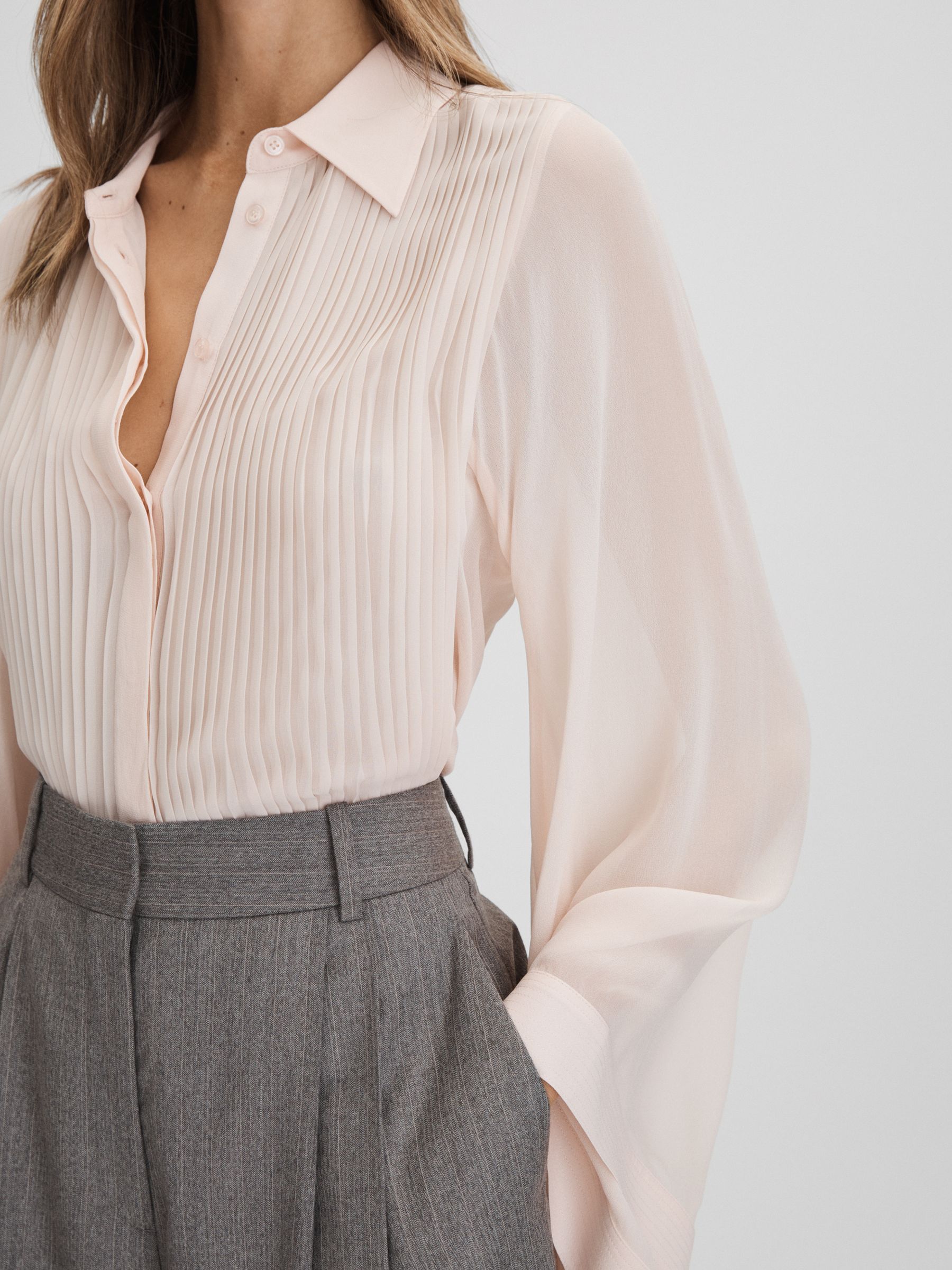 Pleated Flared Sleeve Blouse in Nude