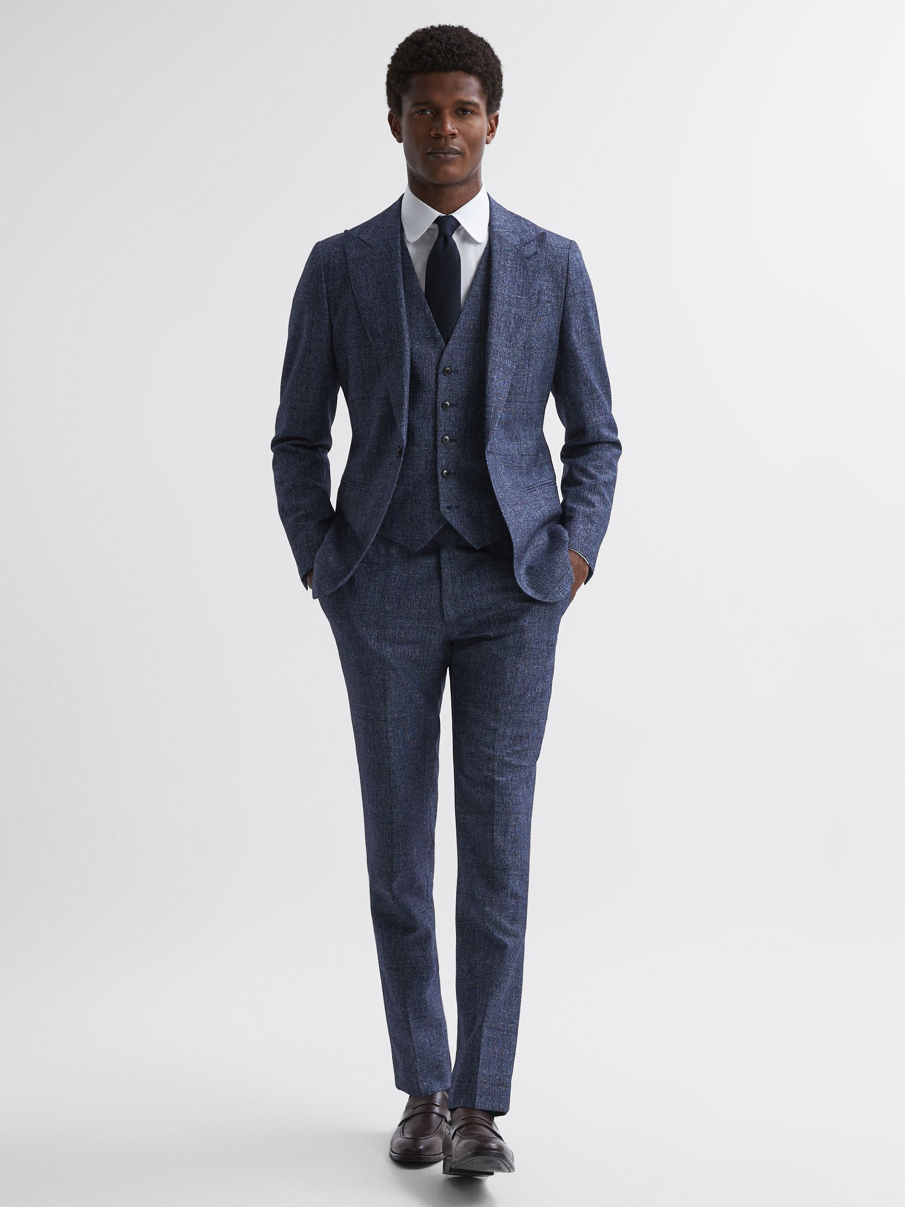 Slim Fit Wool-Linen Check Waistcoat in Indigo