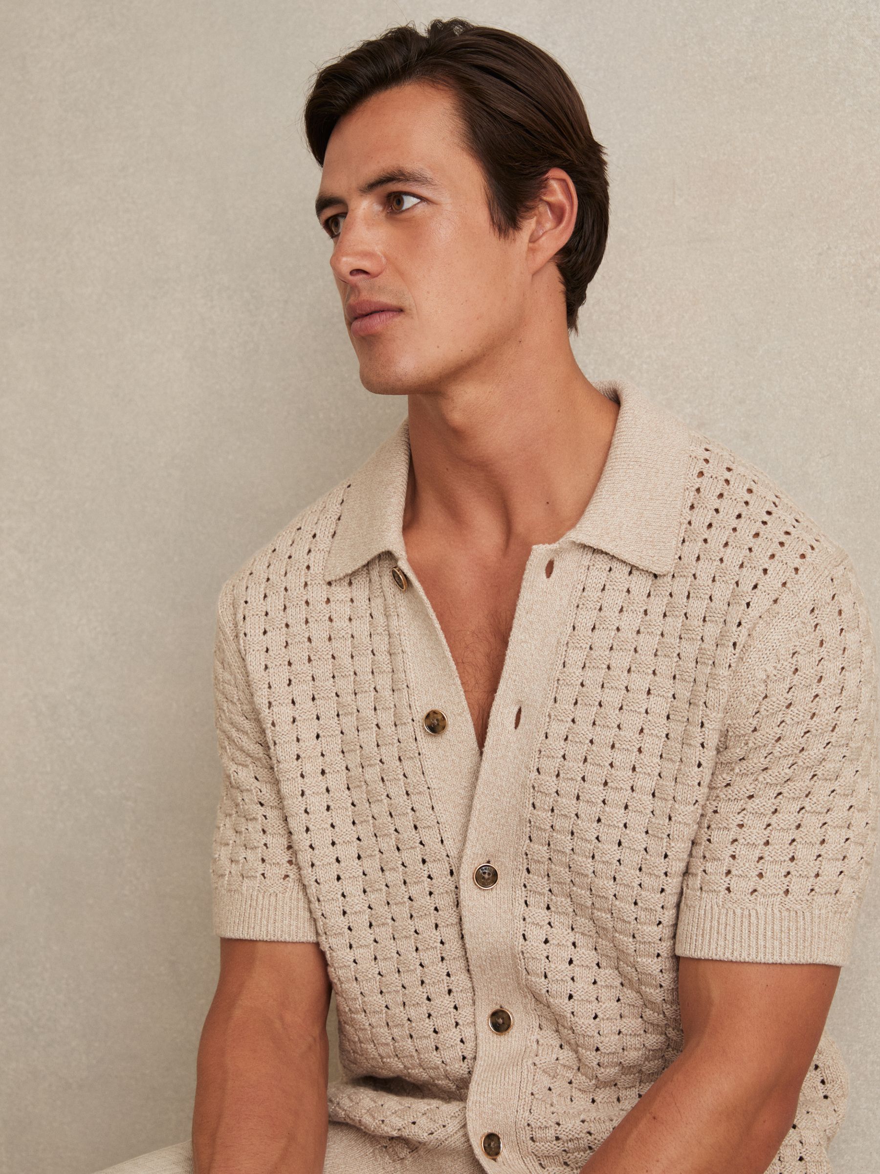 Basketweave Knit Button Through Cotton Blend Shirt in Stone