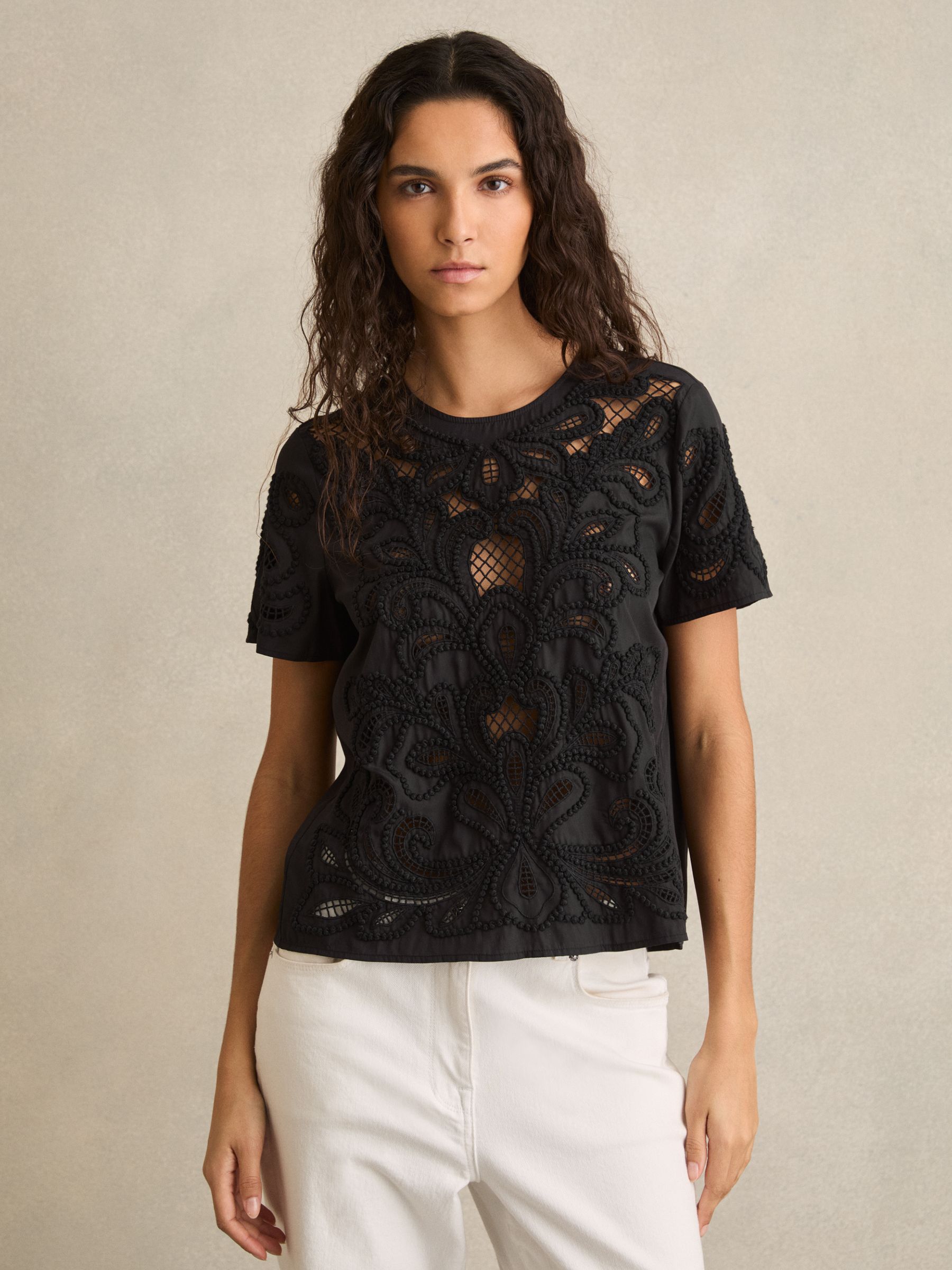 Floral Cut-Out Embroidery Top in Black