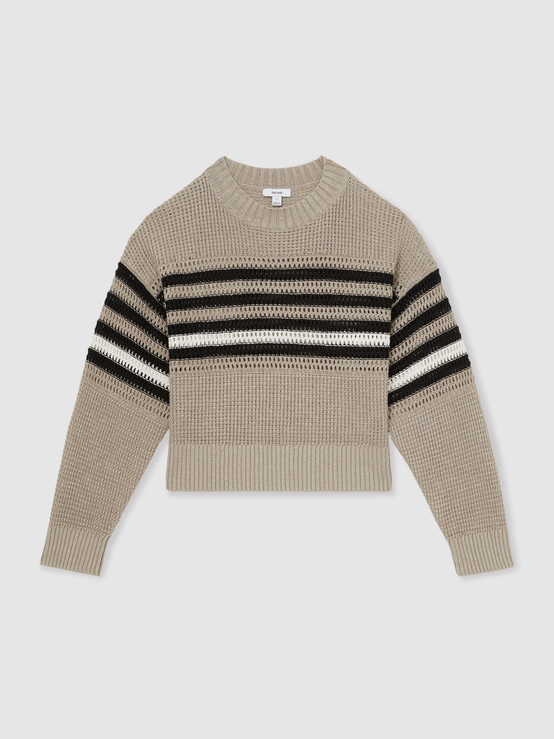 Linen Crochet Striped Jumper in Neutral/Black