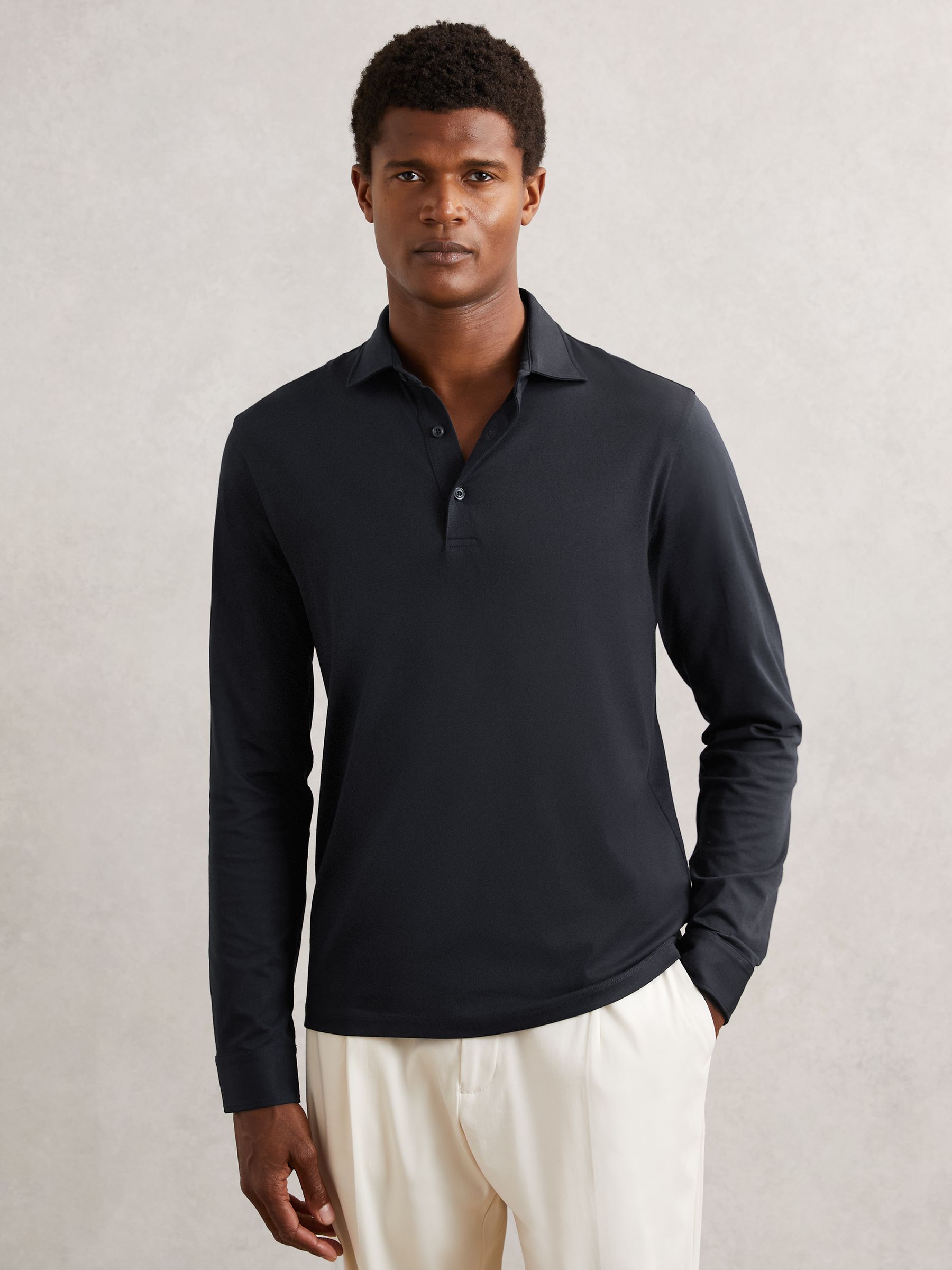 Cotton-Jersey Long Sleeve Polo Shirt in Navy