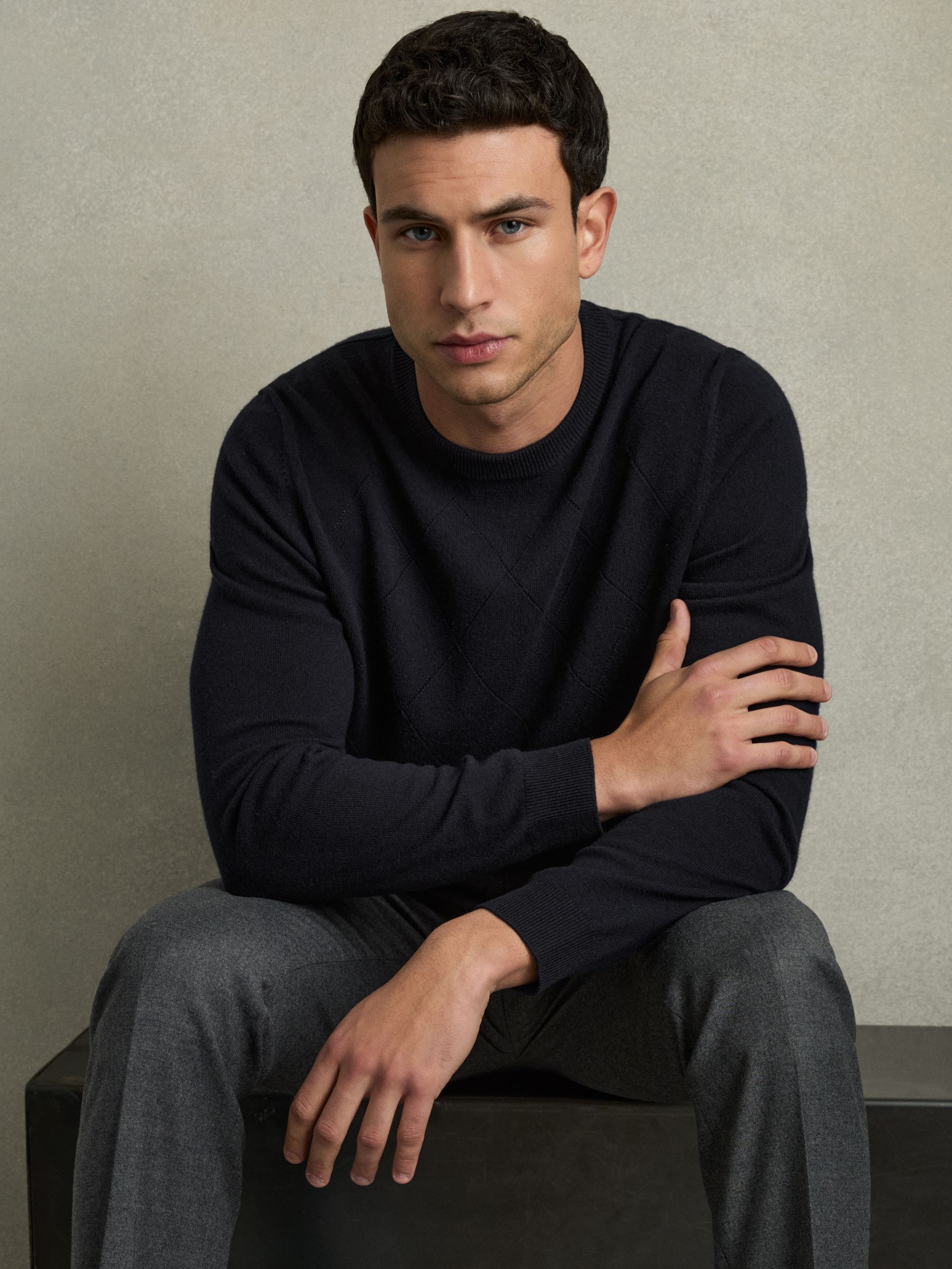 Wool Argyle Crew-Neck Jumper in Navy