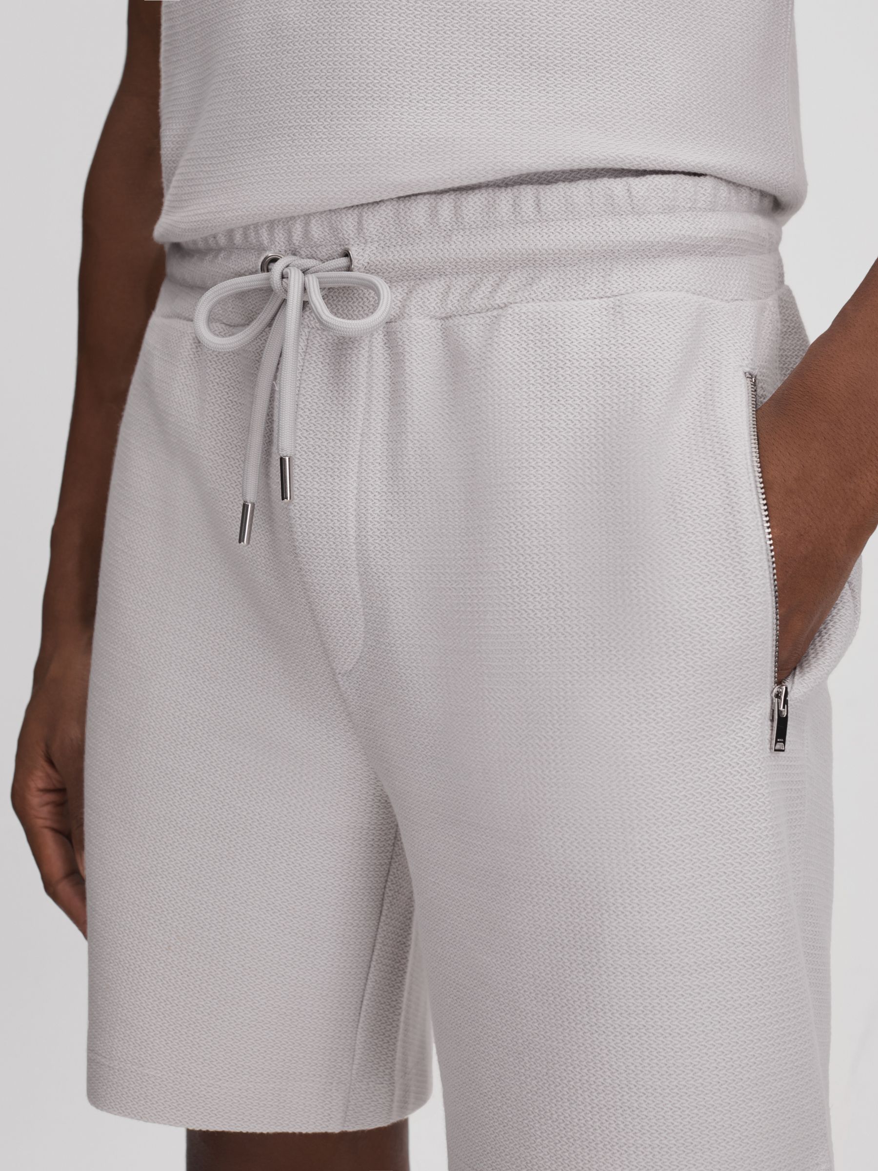 Textured Cotton Drawstring Shorts in Silver