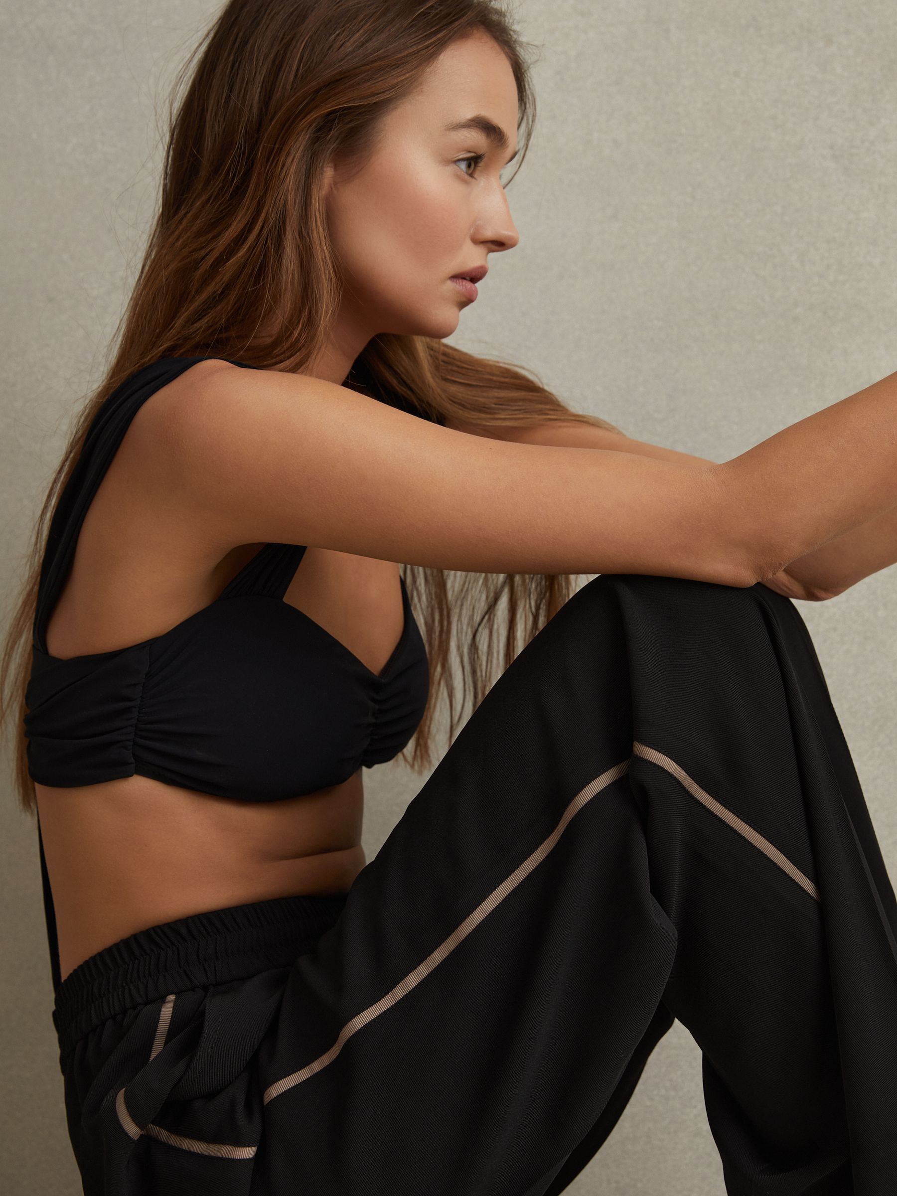 Petite Elasticated Side Stripe Wide Leg Trousers in Black