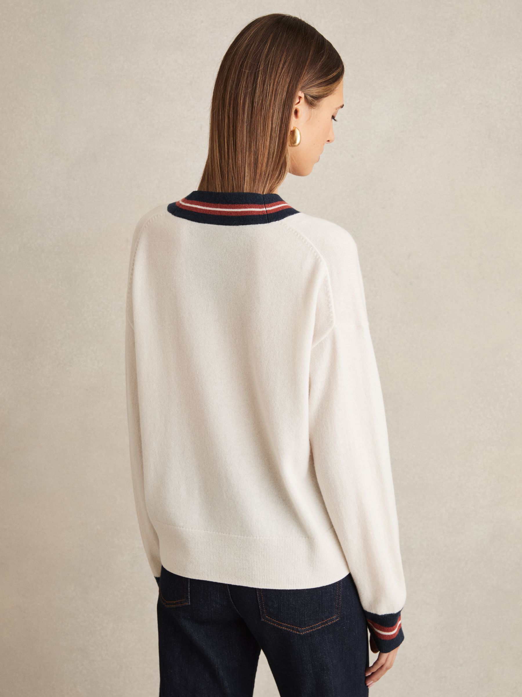Wool-Cashmere Stripe-Trim Cardigan in White