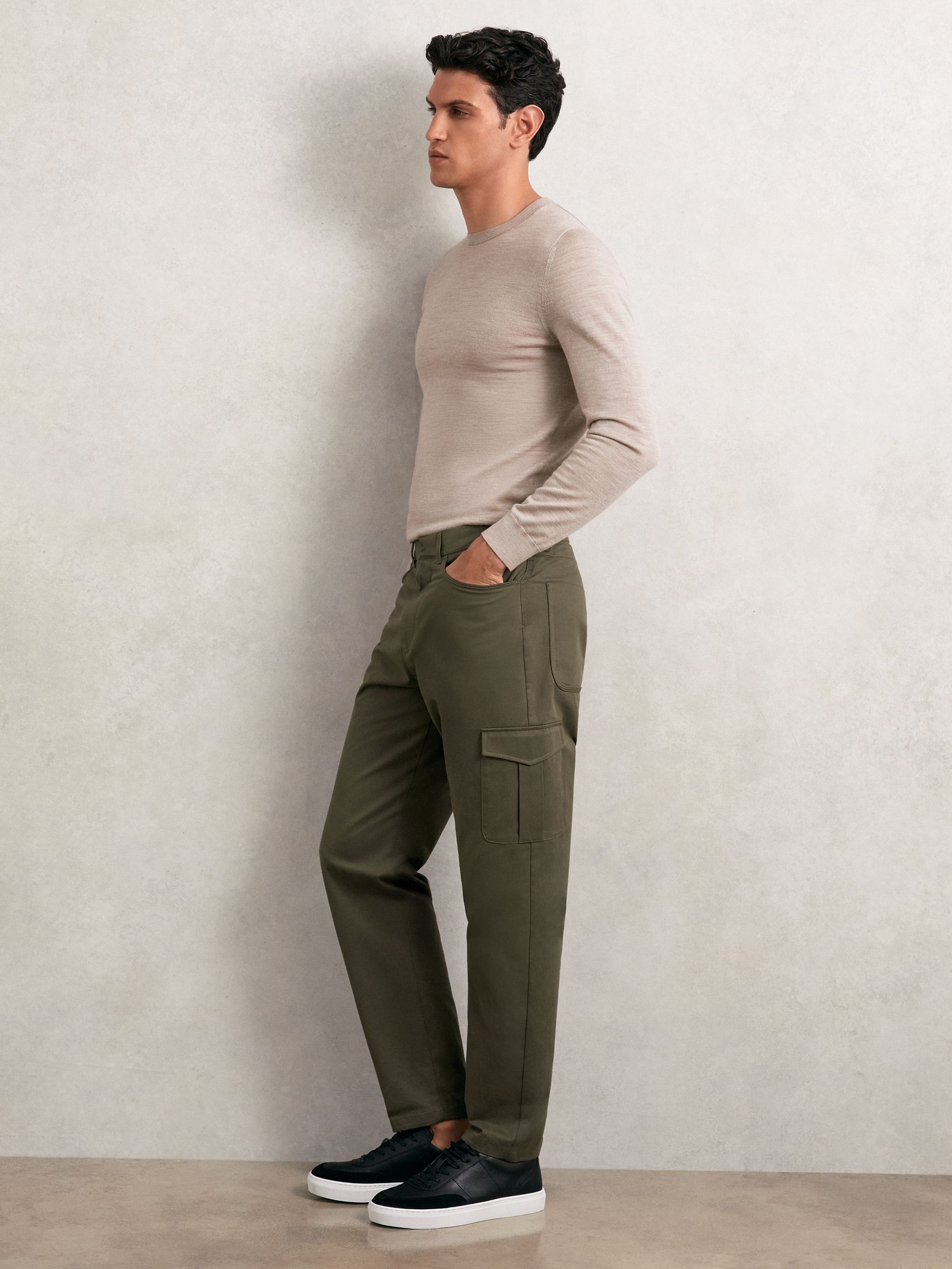 Cotton Tapered Cargo Trousers With Stretch in Olive Green