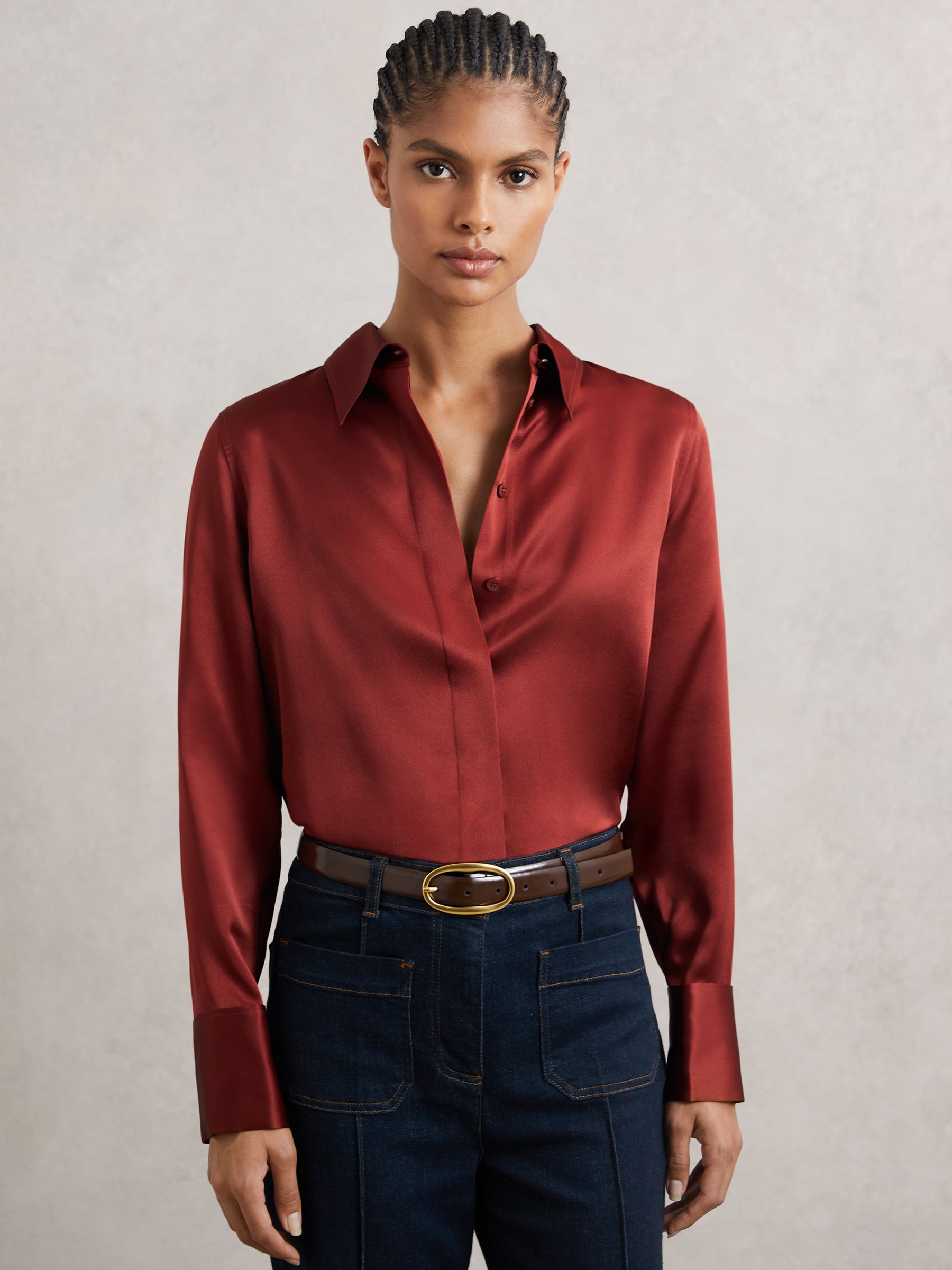Silk-Satin Concealed-Placket Shirt in Dark Red
