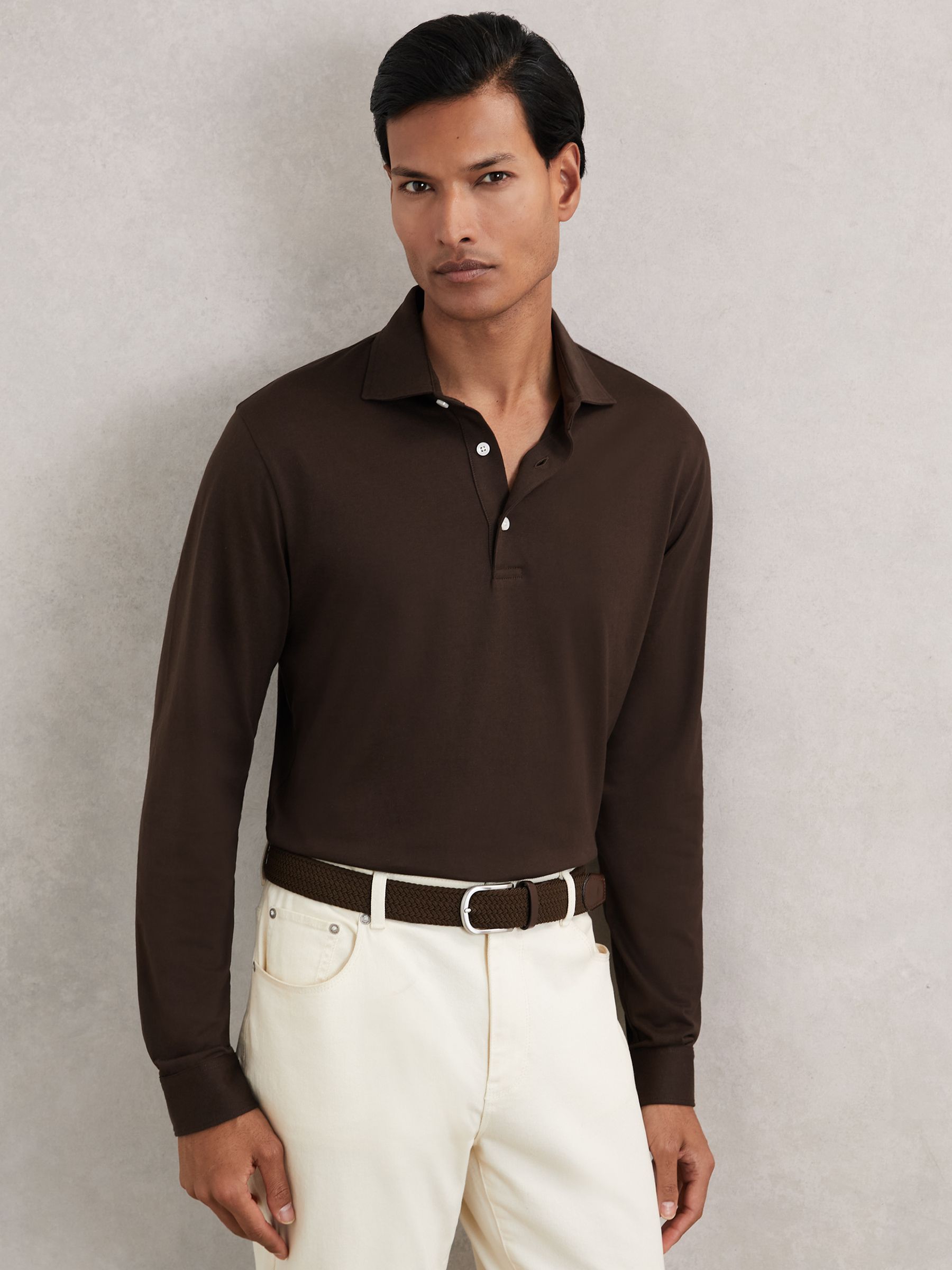 Cotton-Jersey Long Sleeve Polo Shirt in Brown