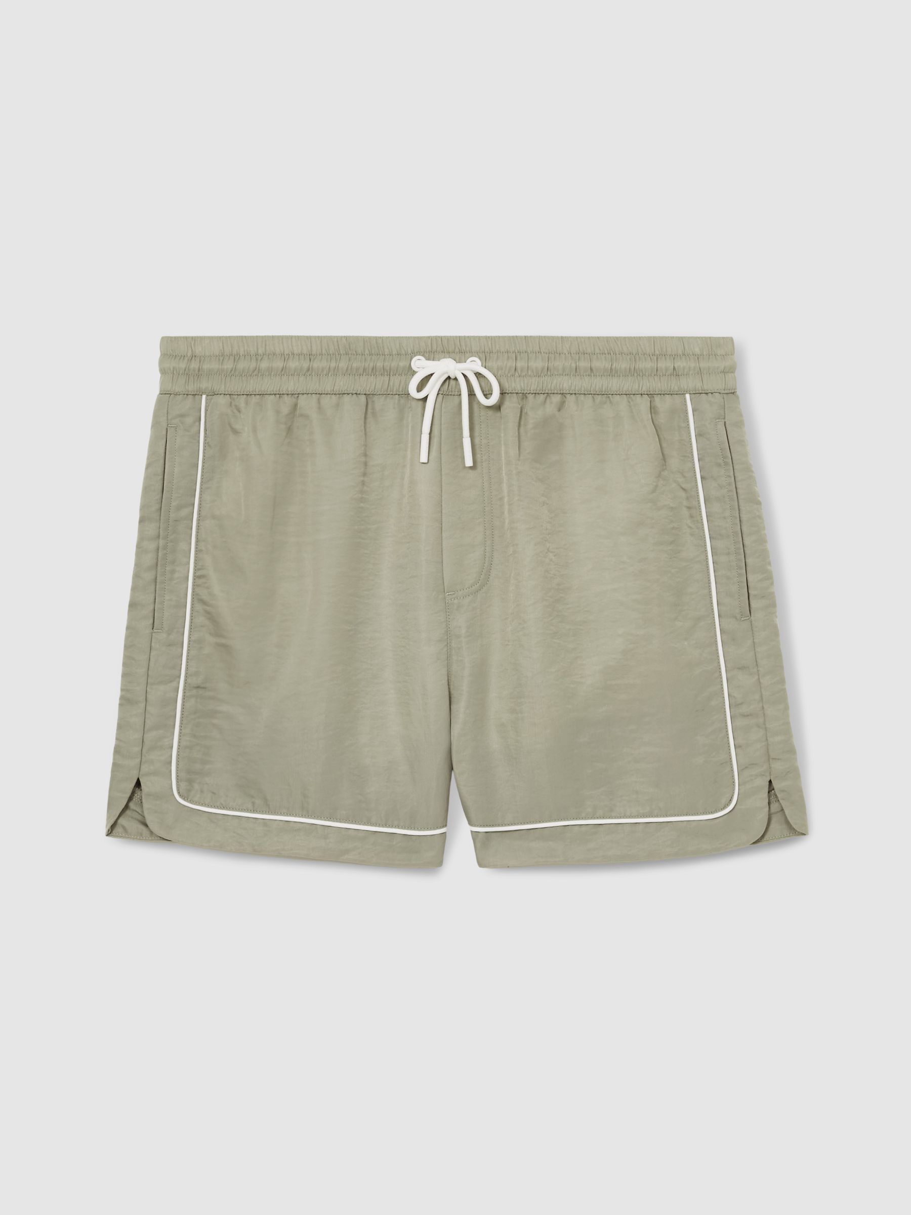 Piped Drawstring Swim Shorts in Pistachio/Off White