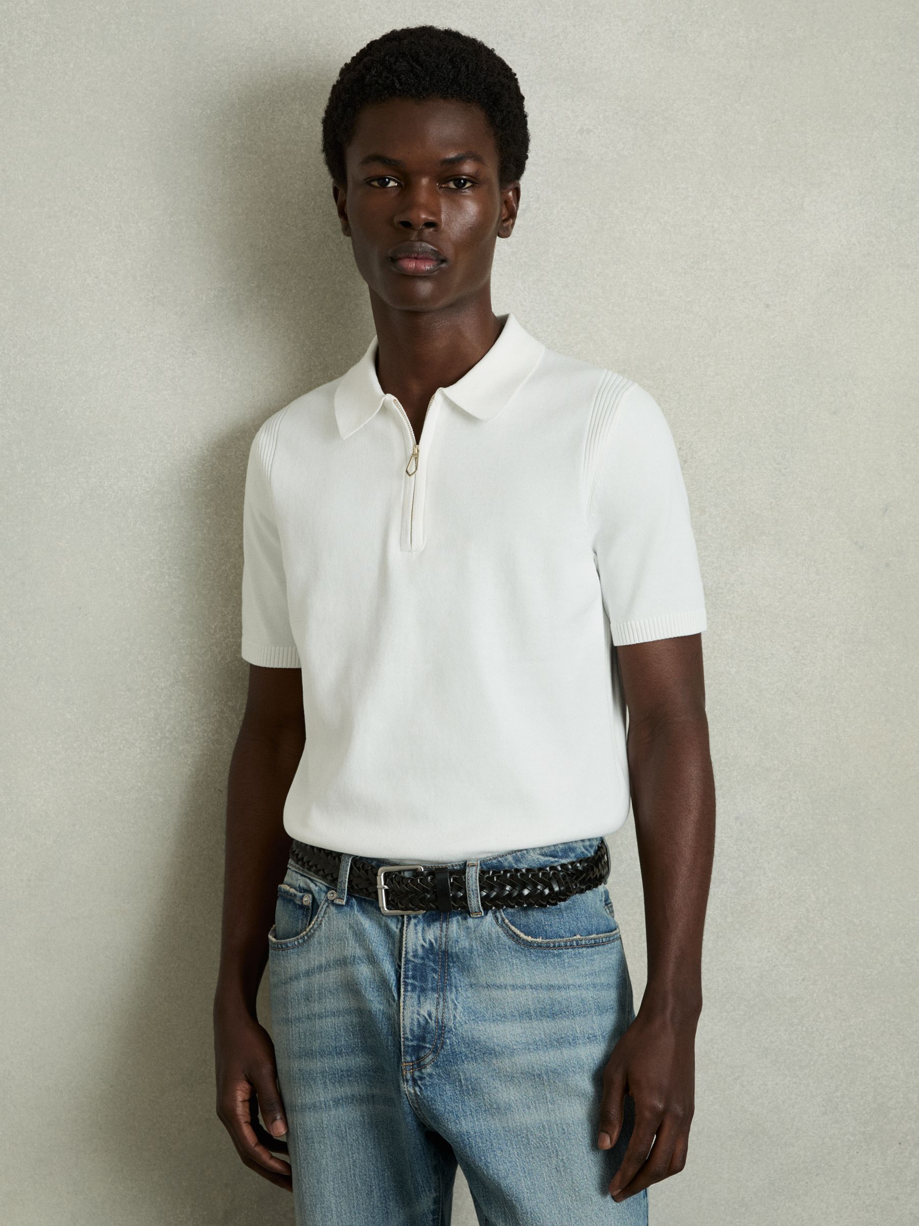 Cotton Half-Zip Knitted Polo Shirt in White
