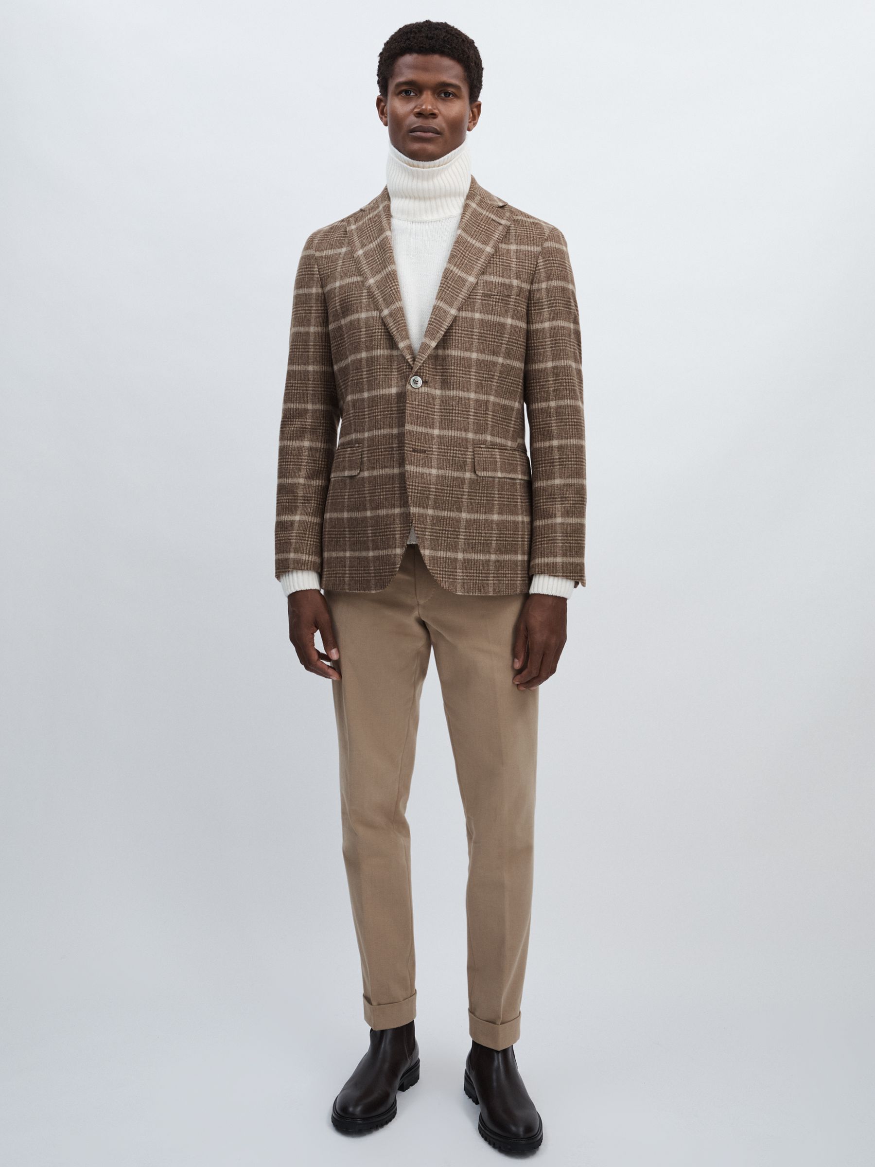 Oscar Jacobson Wool-Blend Single-Breasted Check Blazer in Dark Beige