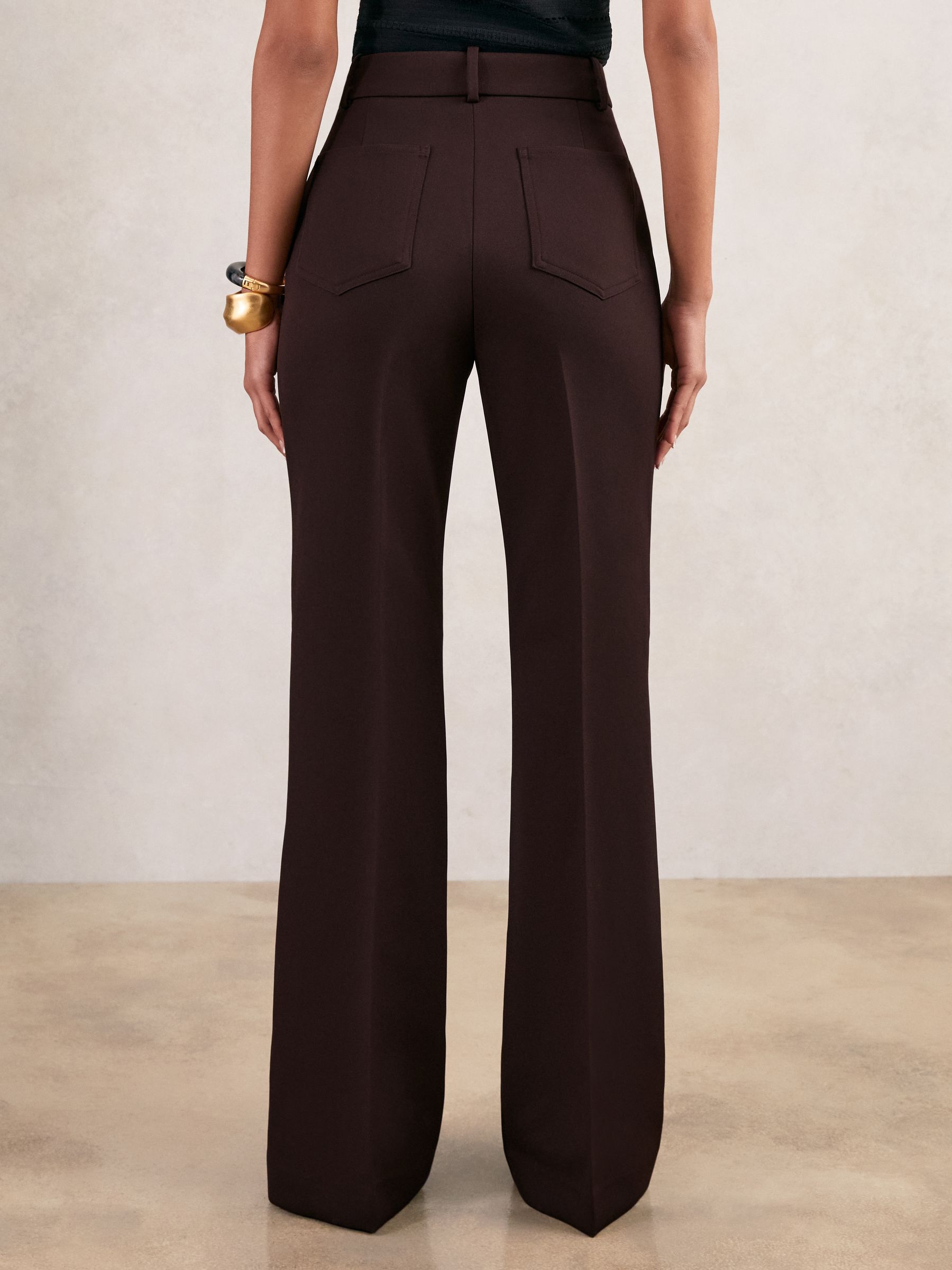 Twill Patch-Pocket Flared Trousers in Chocolate Brown