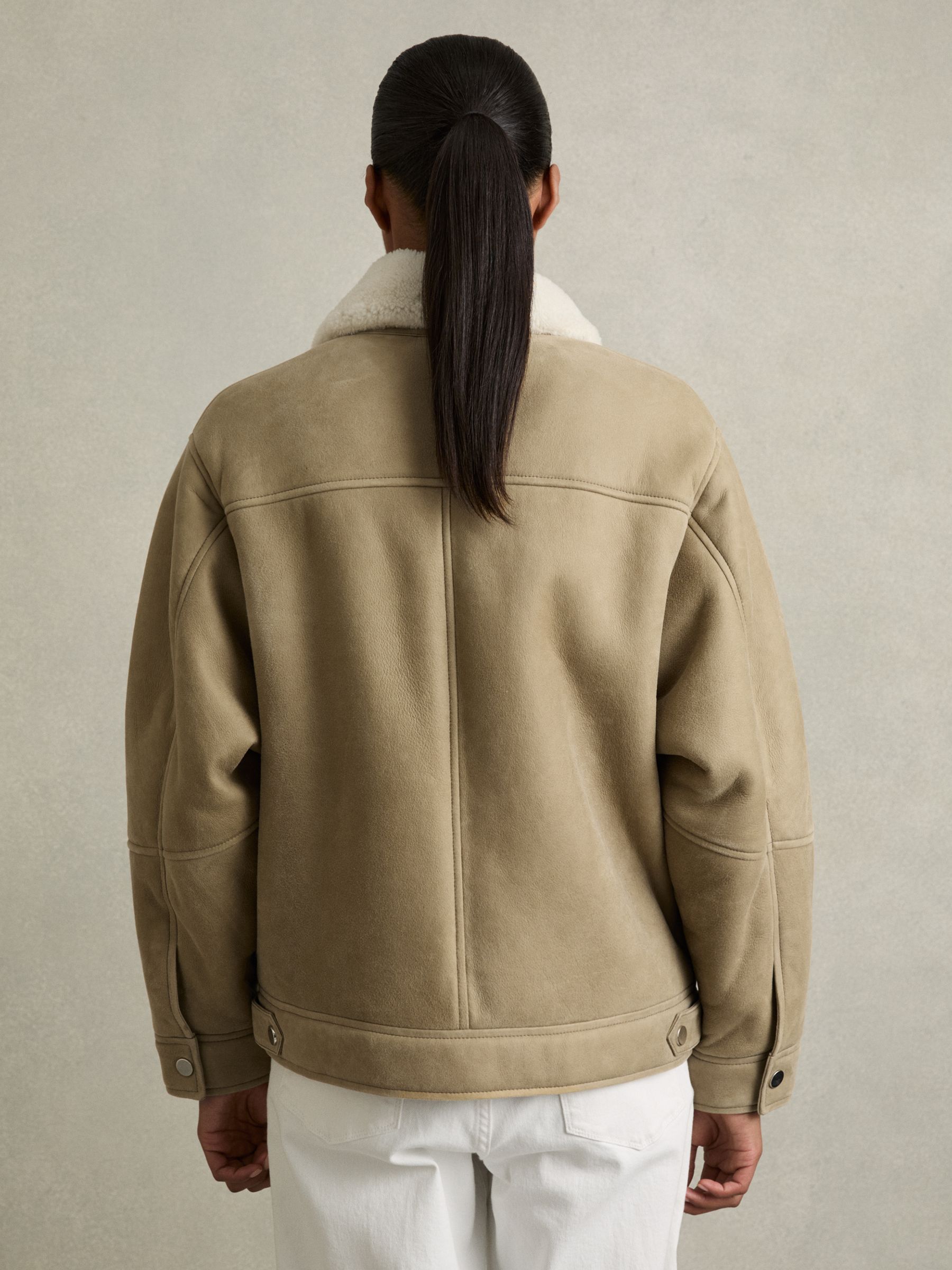 Shearling-Lined Leather Aviator Jacket in Light Green