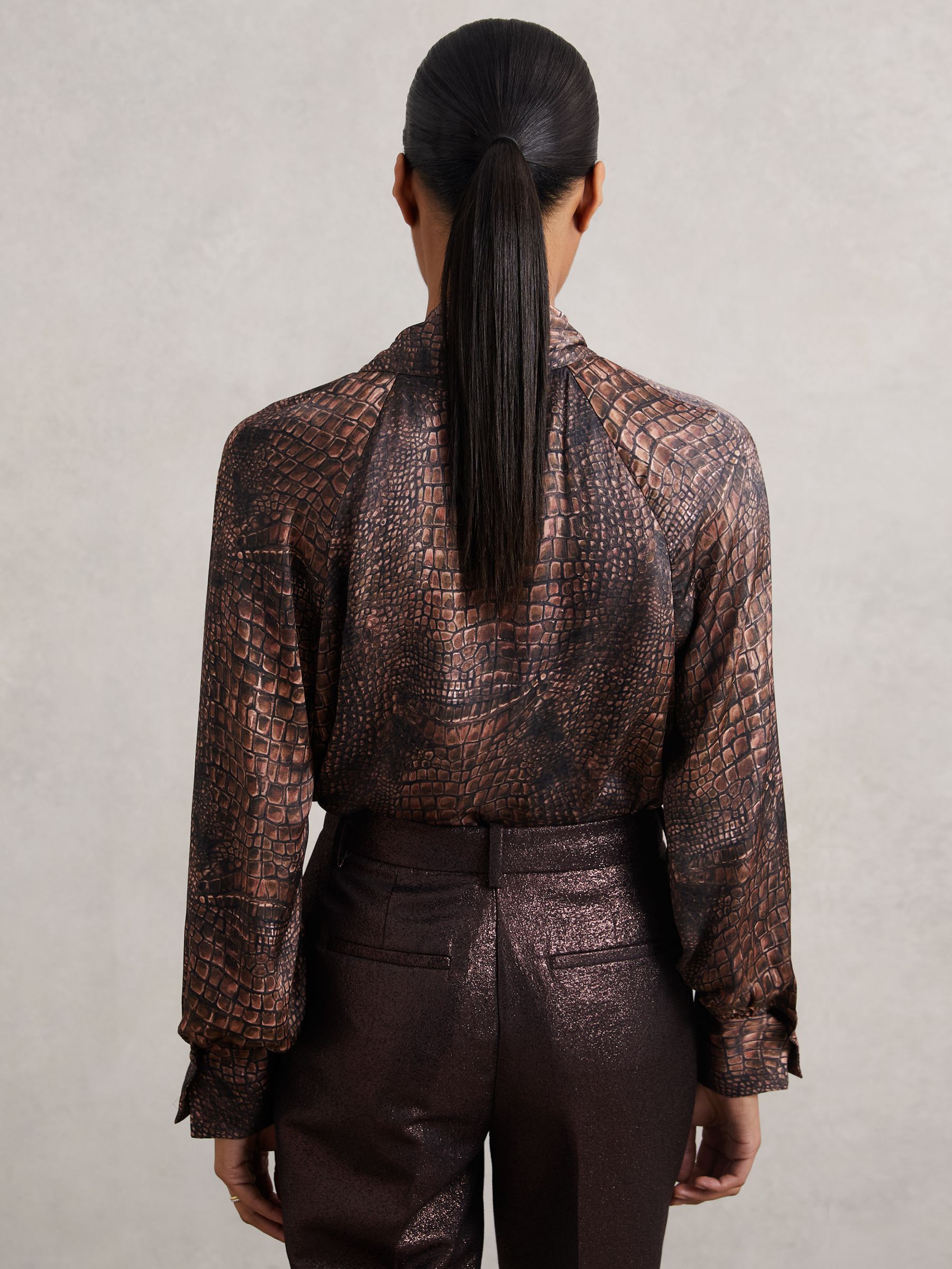 Crocodile-Print Tie-Neck Blouse in Brown