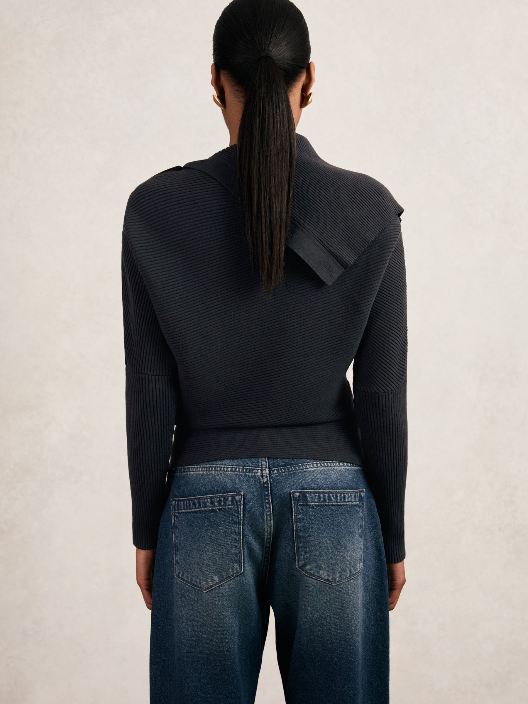 Rib-Knit Button Shawl Jumper in Navy