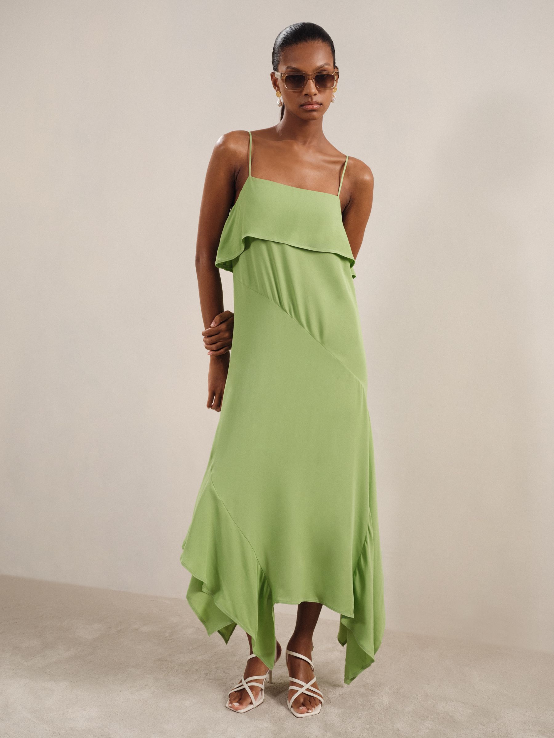 Ruffle-Detail Midi Dress in Green