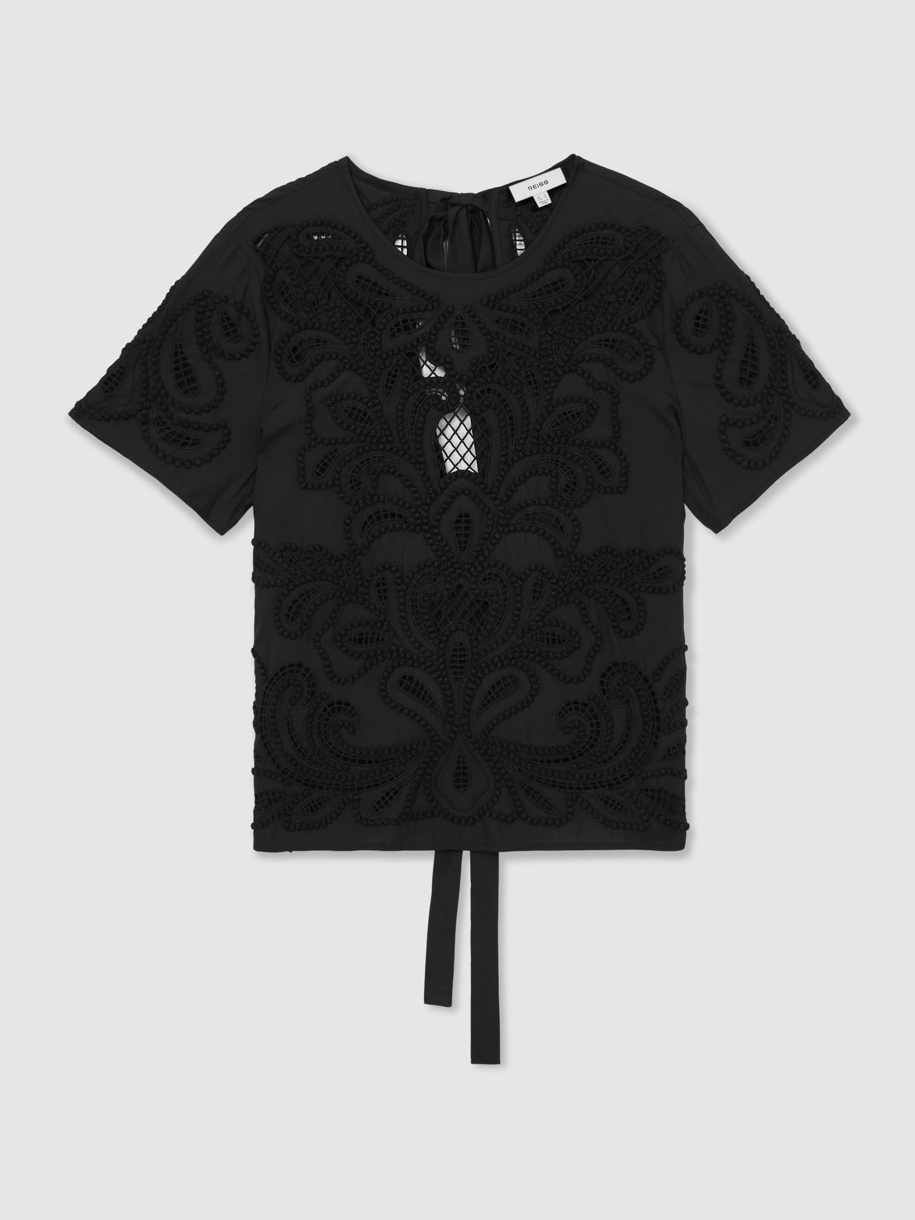 Floral Cut-Out Embroidery Top in Black