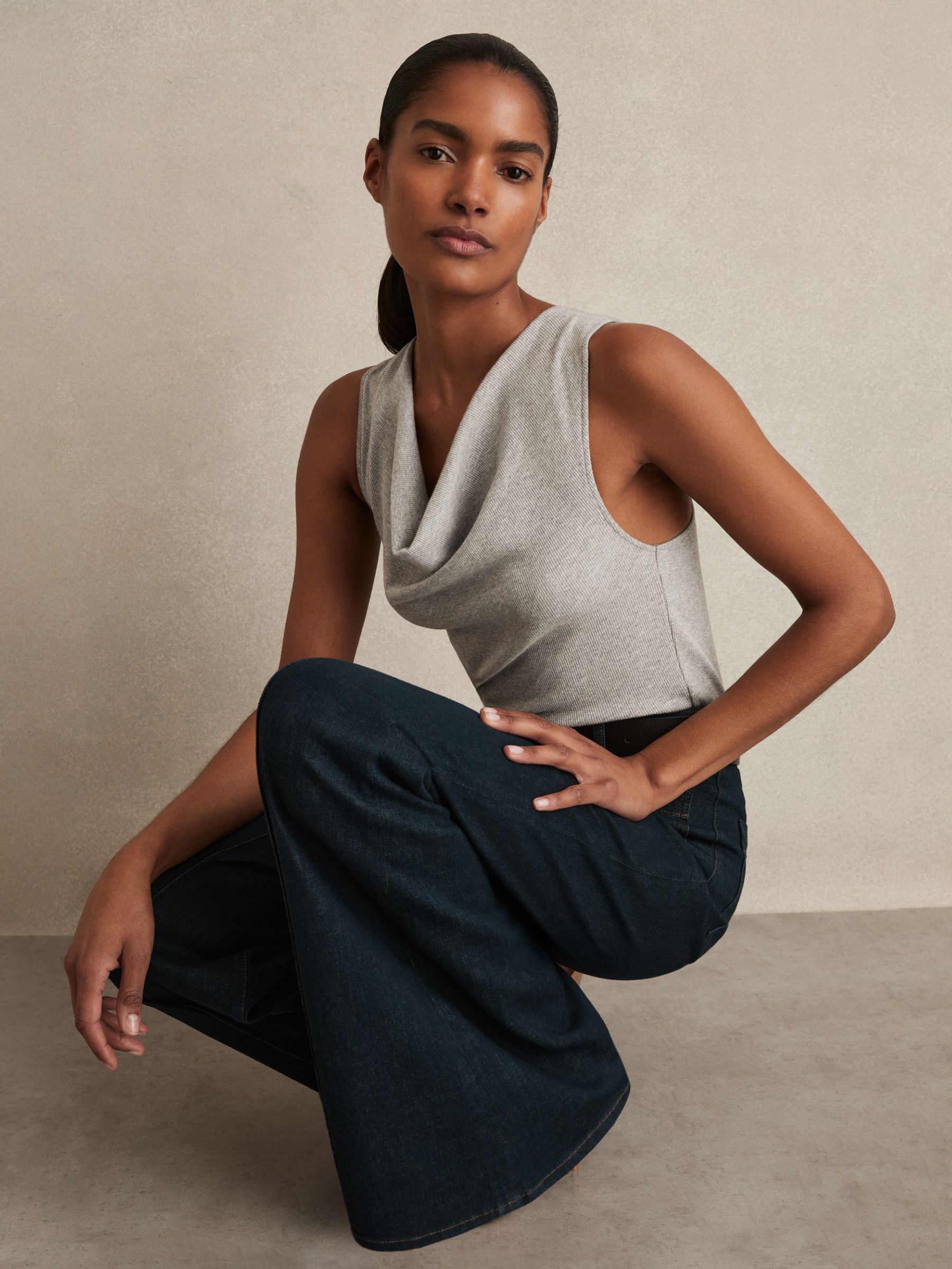 Ribbed Cowl-Neck Vest in Grey Marl