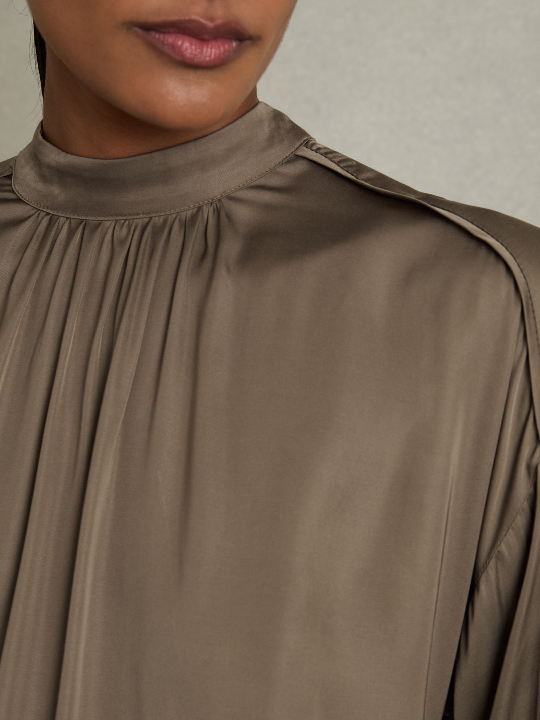 Woven High-Neck Belted Blouse in Mink
