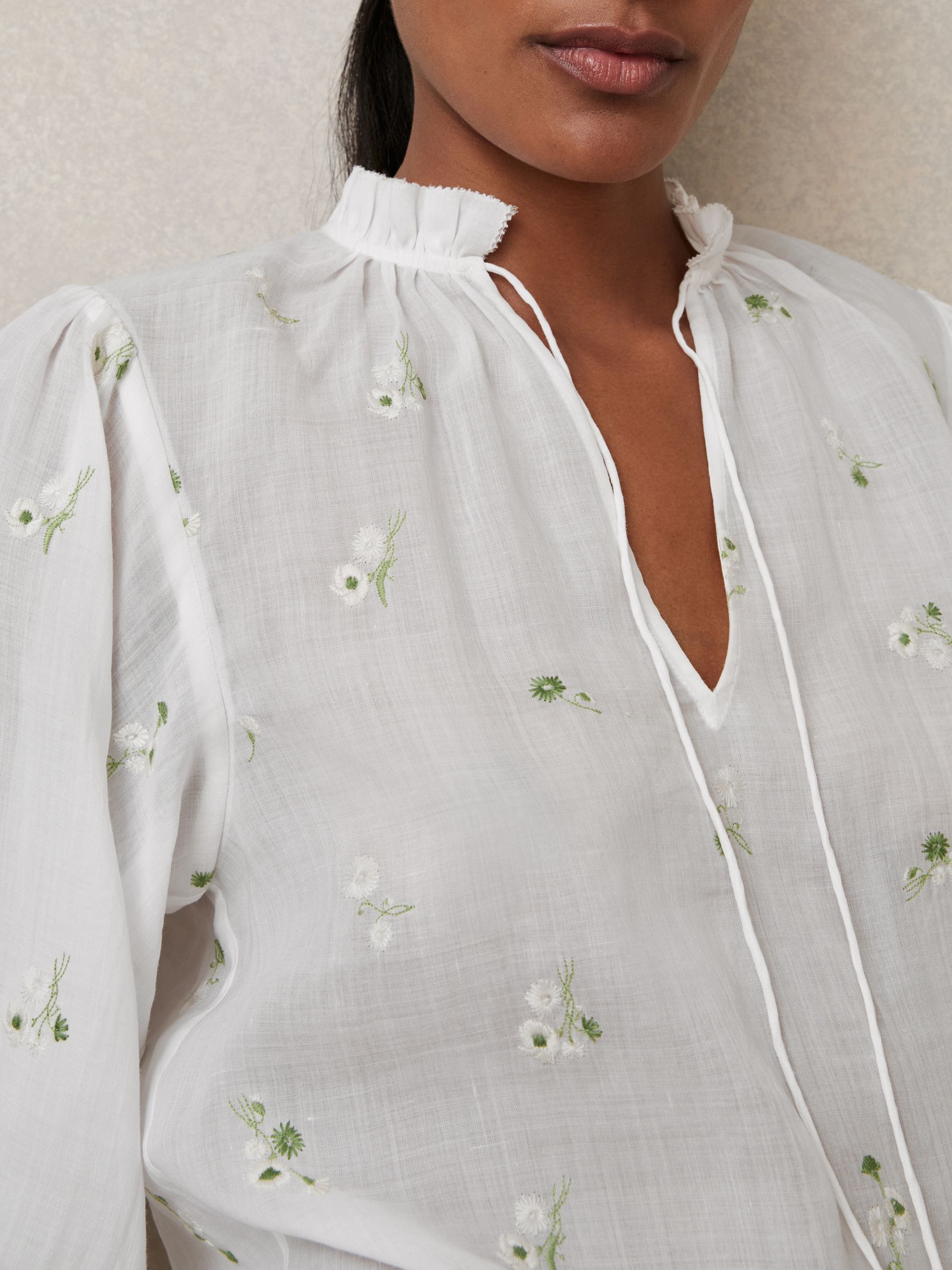 Floral-Embroidered Tie-Neck Blouse Ramie-Lyocell in Ivory