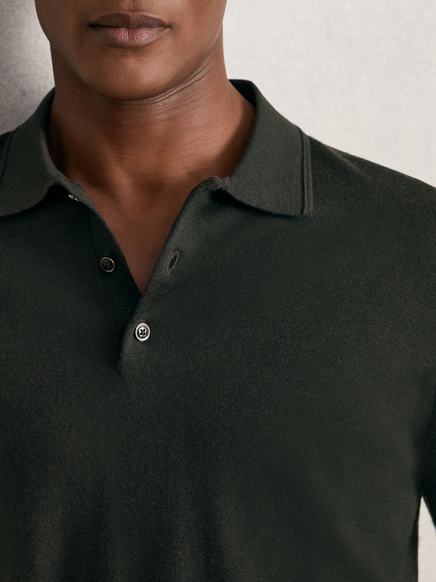 Merino Wool Long-Sleeve Polo Shirt in Dark Military Green