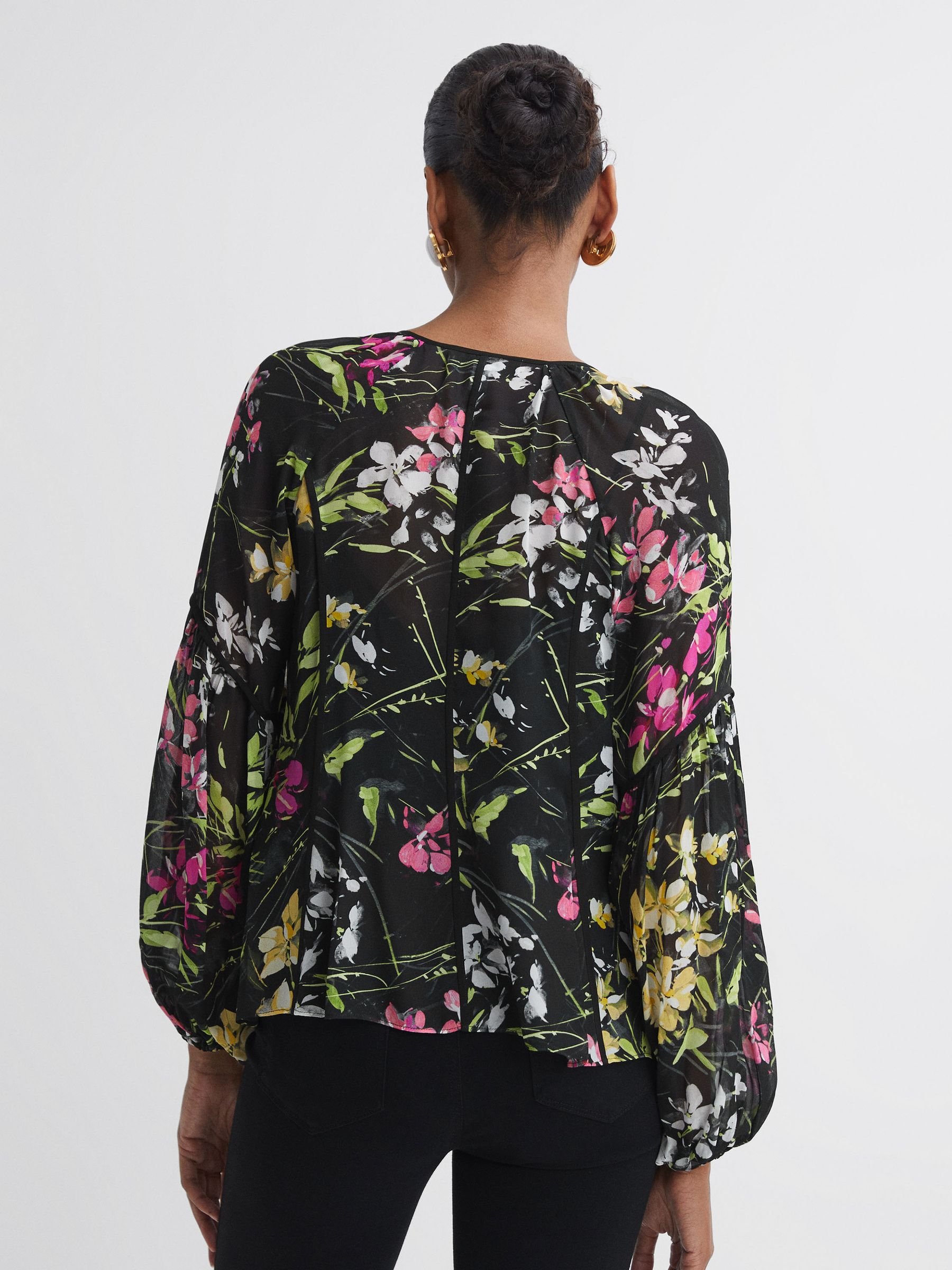 Florere Sheer Floral Tie Neck Blouse in Black