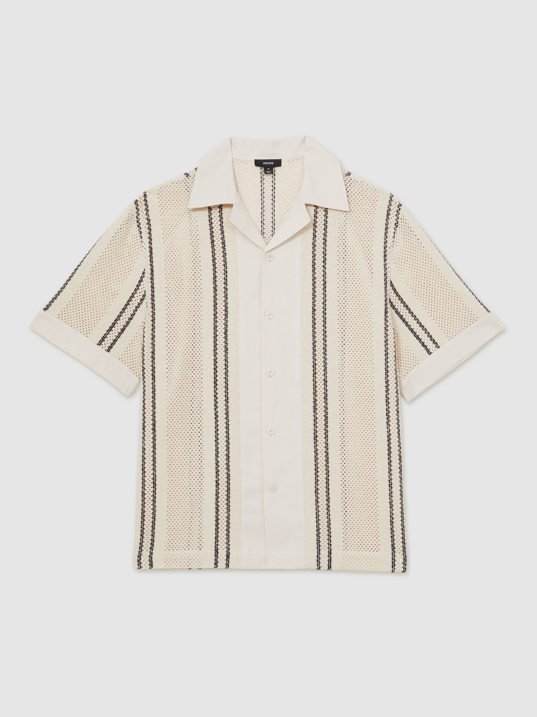 Crochet Stripe Cuban-Collar Shirt in Off White/Navy