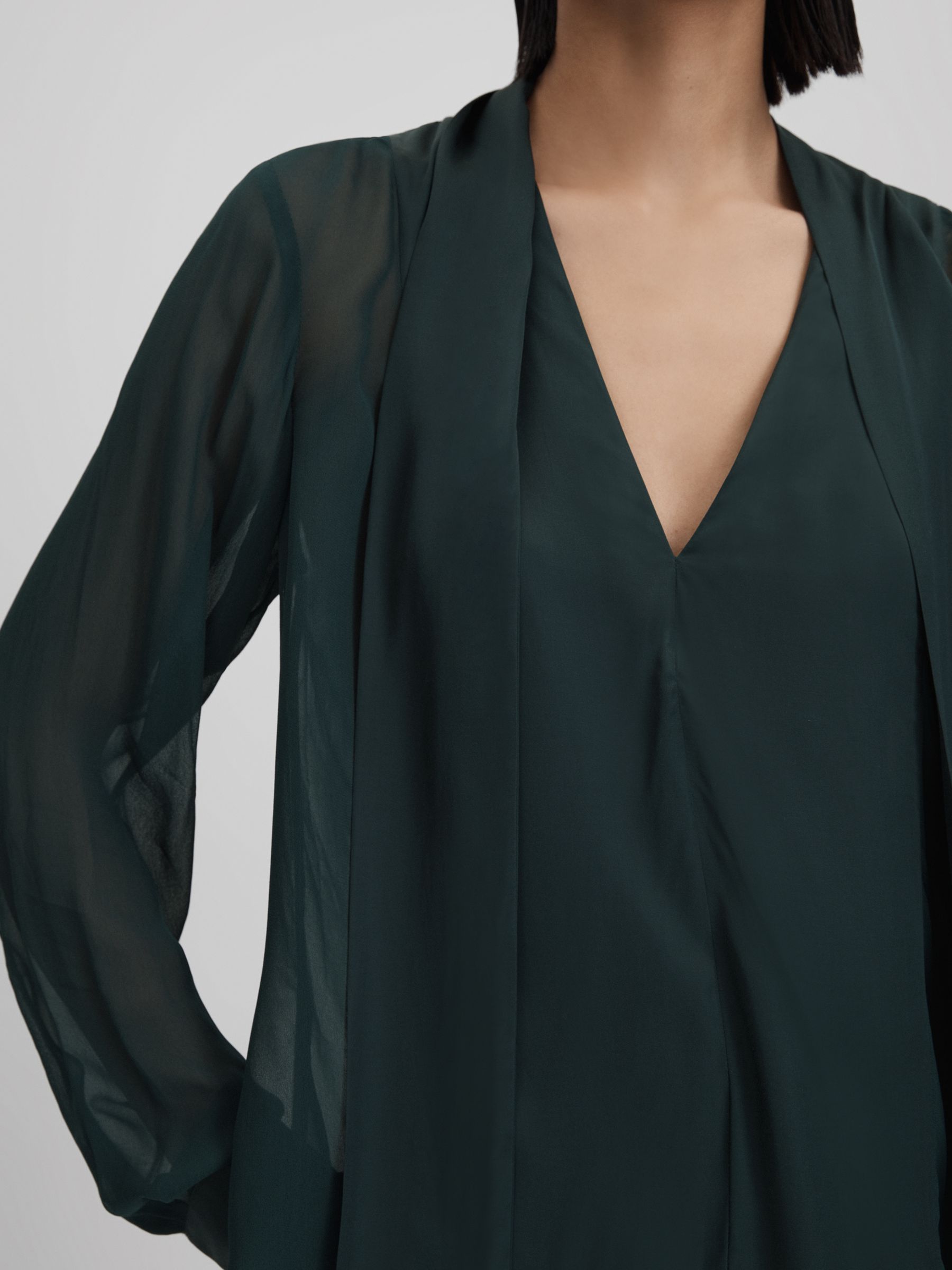 Semi Sheer Satin Tie Neck Blouse in Green
