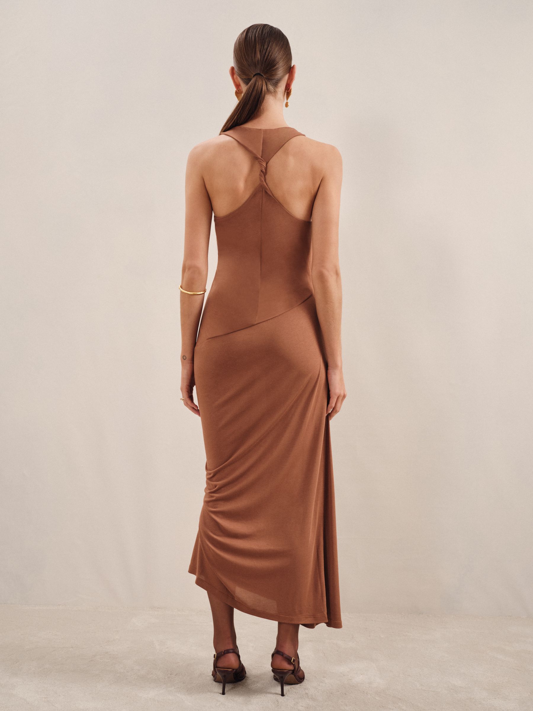Ruched Jersey Midi Dress in Brown