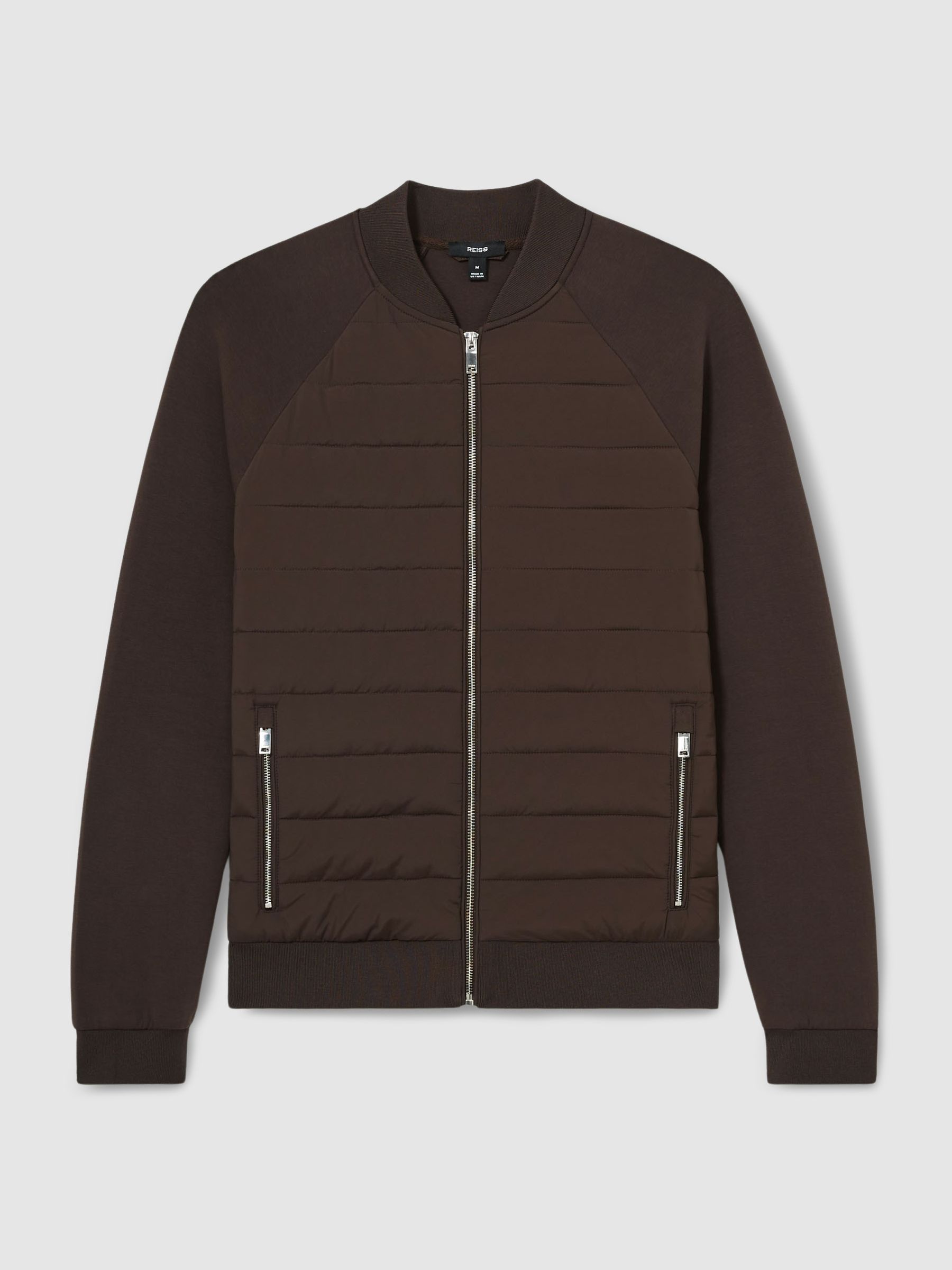 Hybrid Quilt Raglan-Sleeve Bomber Jacket in Dark Chocolate